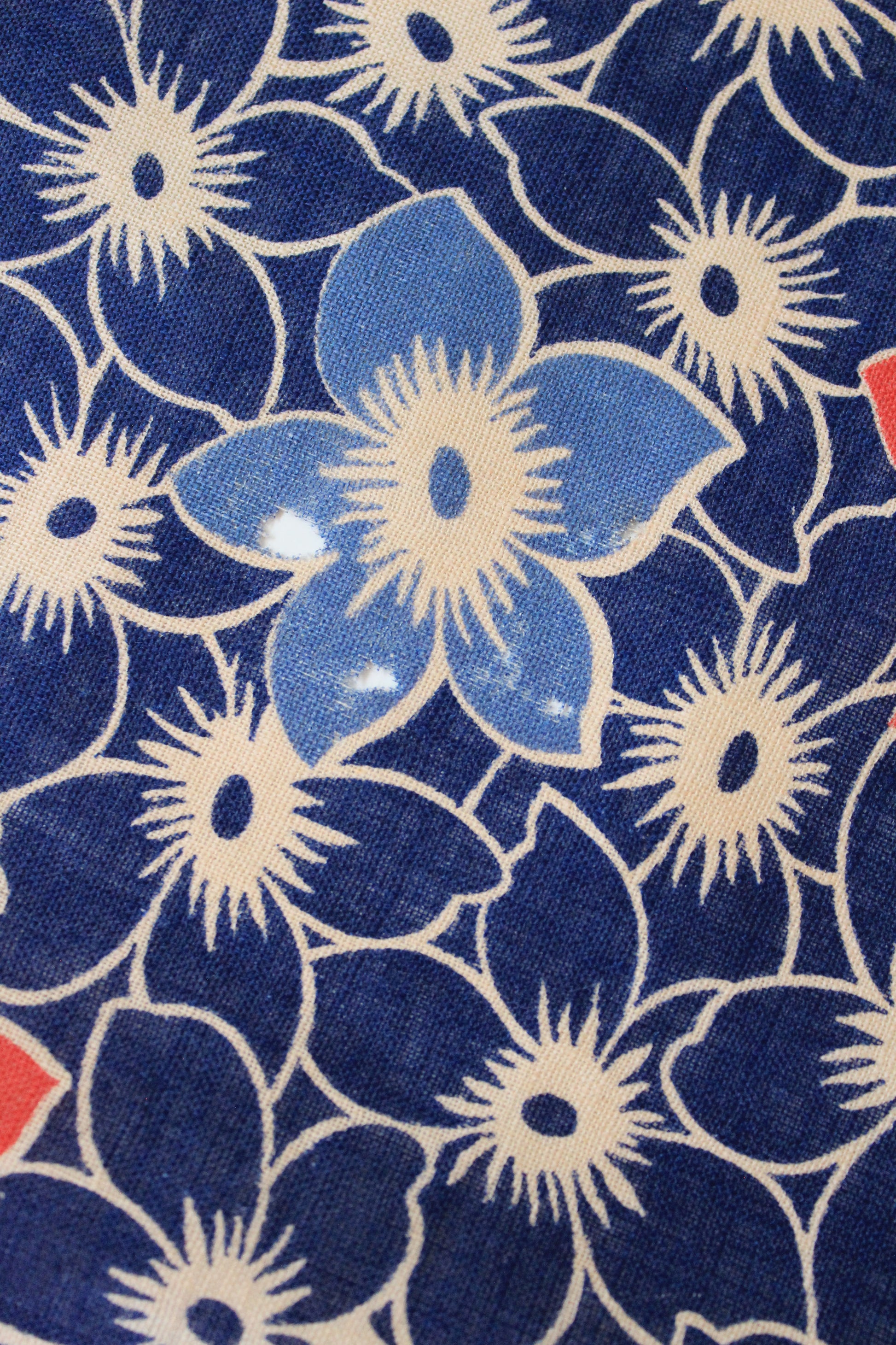 1940s Blue/White/Orange Repeating Flower Cotton Fabric, 6.75 Yards