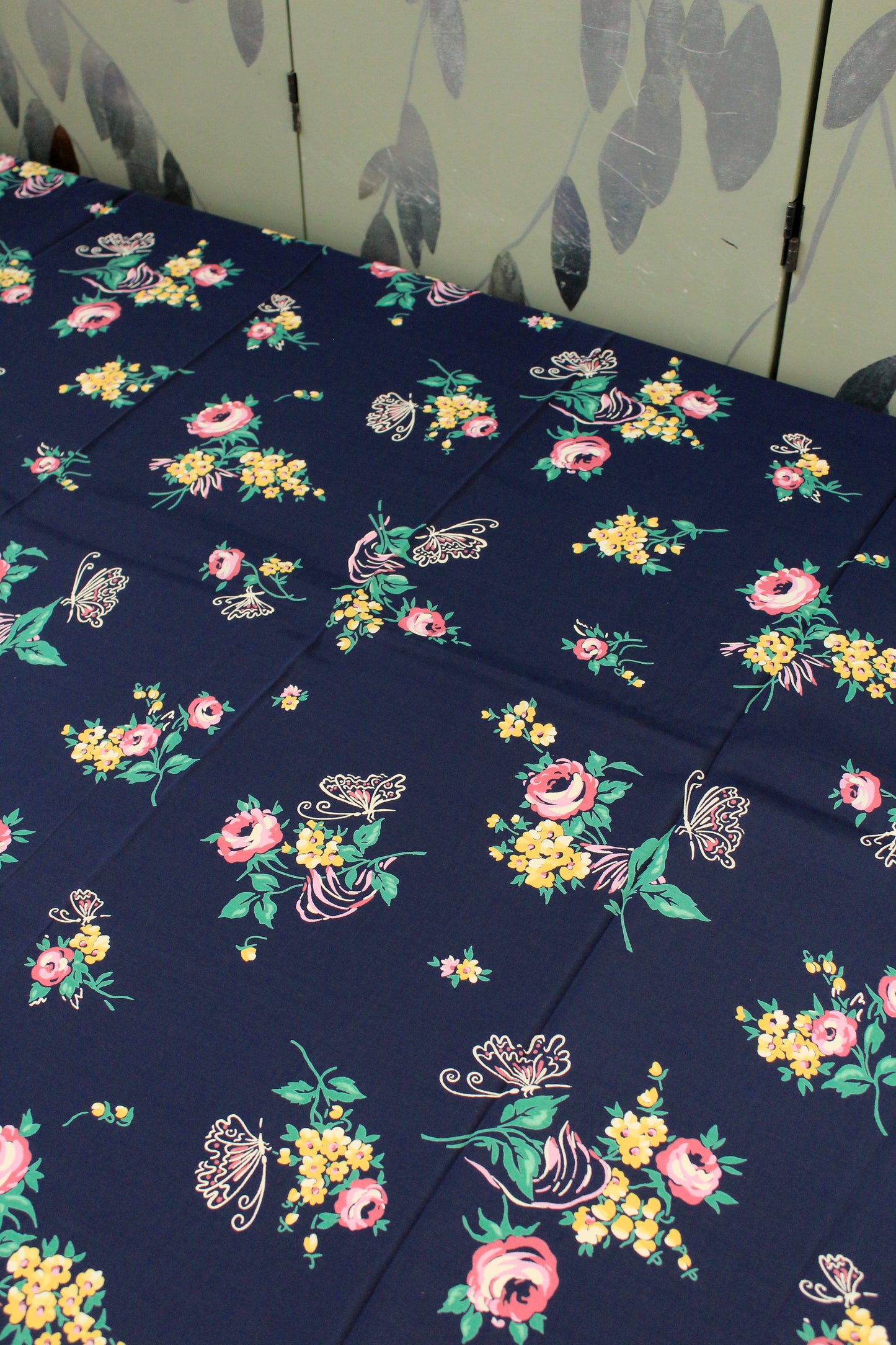1940s Navy Blue Rayon Fabric With Pink And Yellow Flowers, 6 Yards