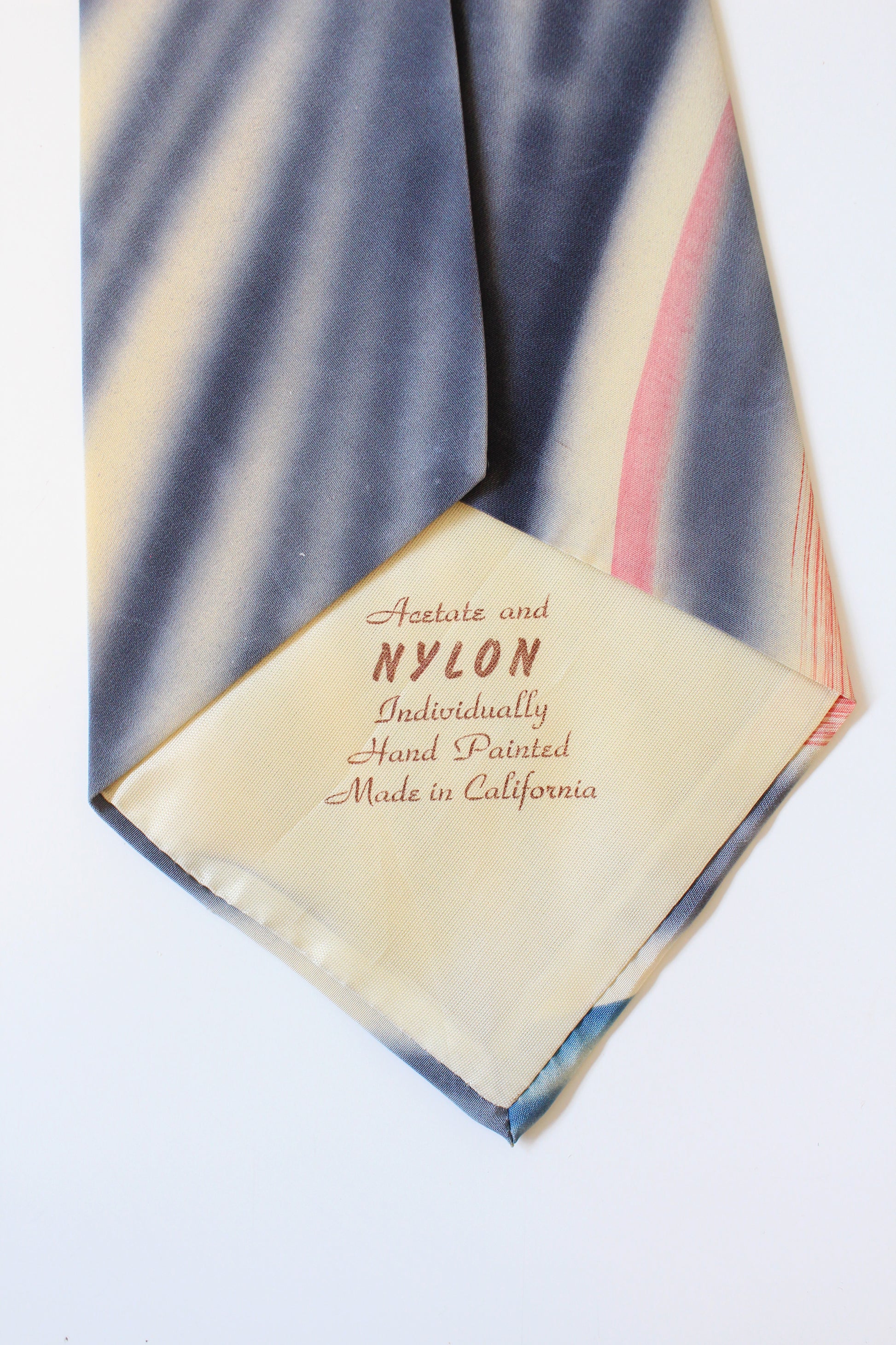 Vintage 1950s Grey/Pink/Blue Abstract Leaf Hand Painted Tie, Made In California