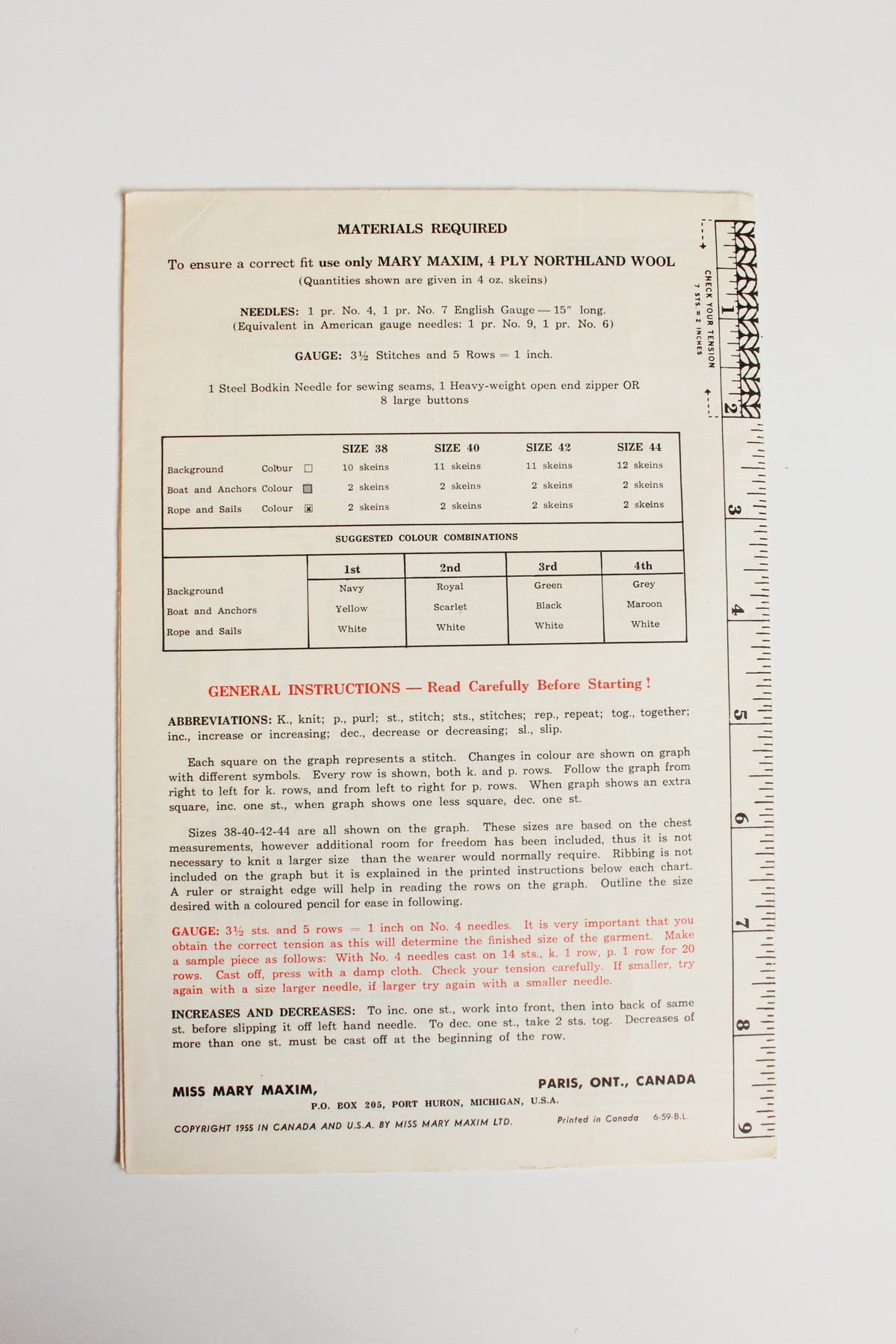 1950s Mary Maxim Mens 4 ply Kitting Pattern 426, Sailing Time 
