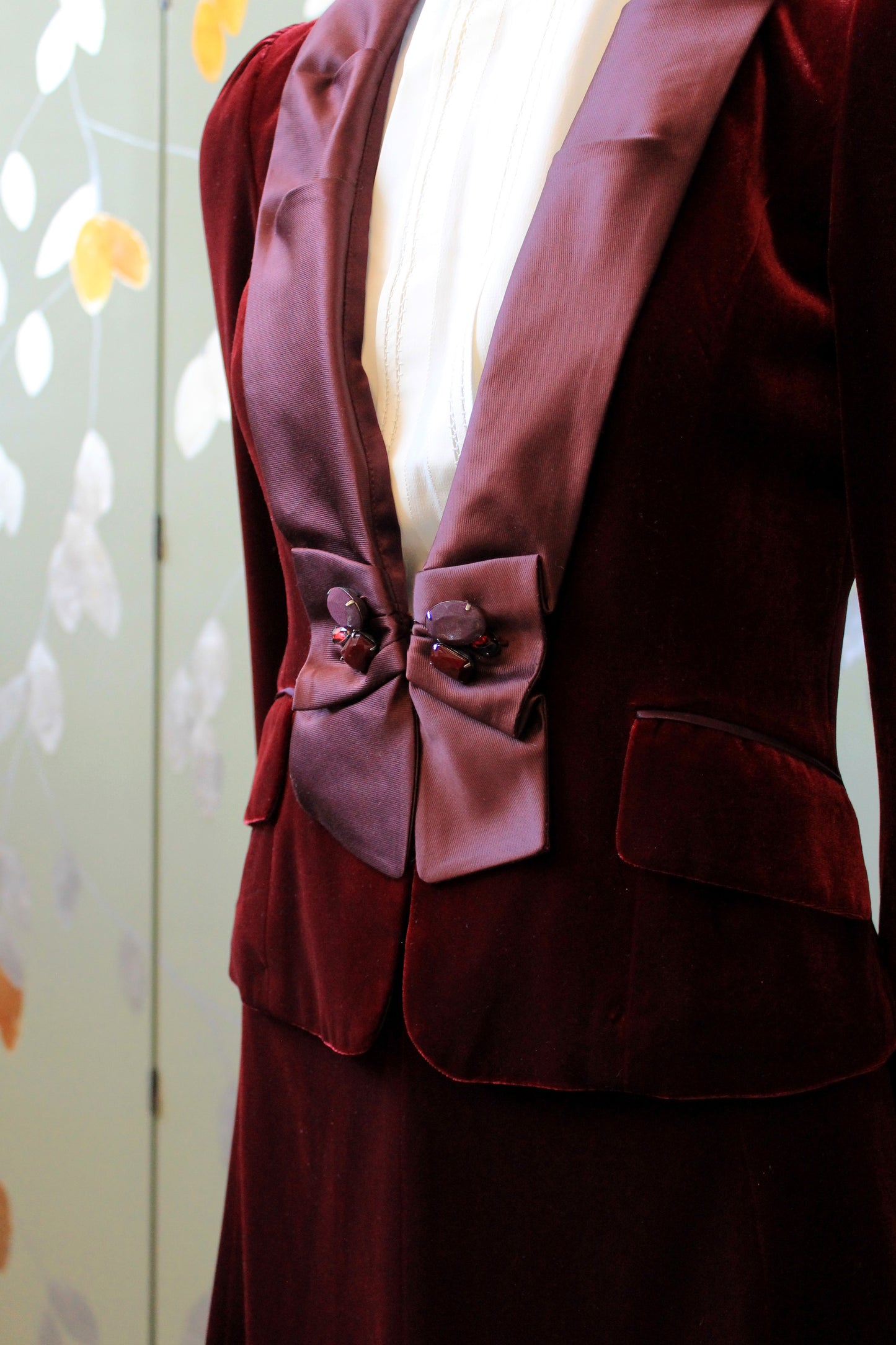 Early 2000s Burgundy Velvet Skirt Suit Set With Decorative Clasp, Small