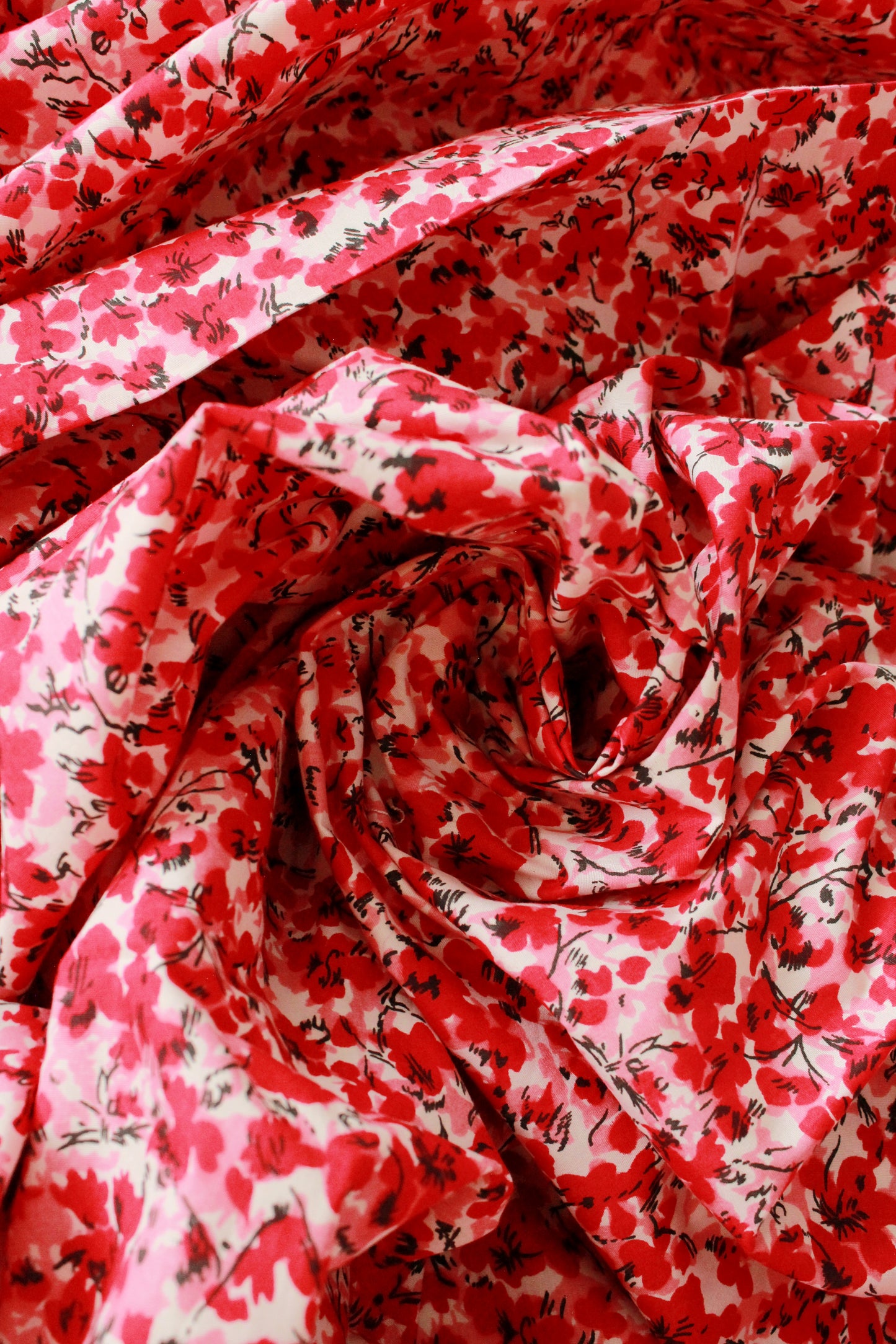 Vintage 1960s Red And Pink Floral Print Cotton Summer Fabric, 7.8 Yards