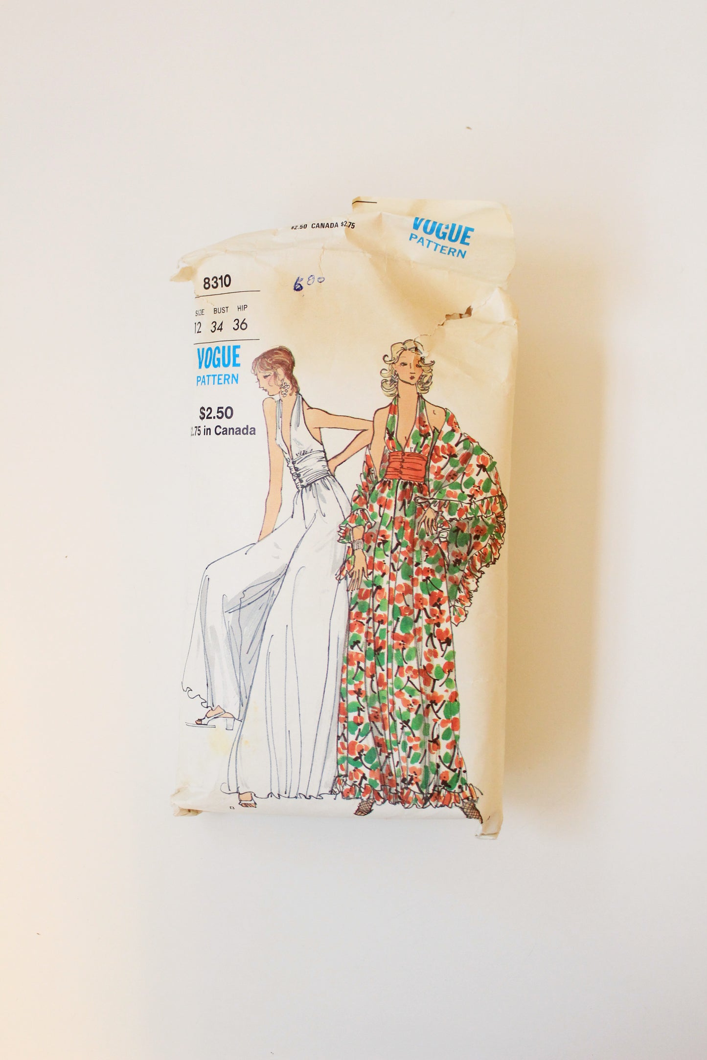 1970s Deep V Dress Vogue 8310 Sewing Pattern, Complete, Multiple Size 10 and 12