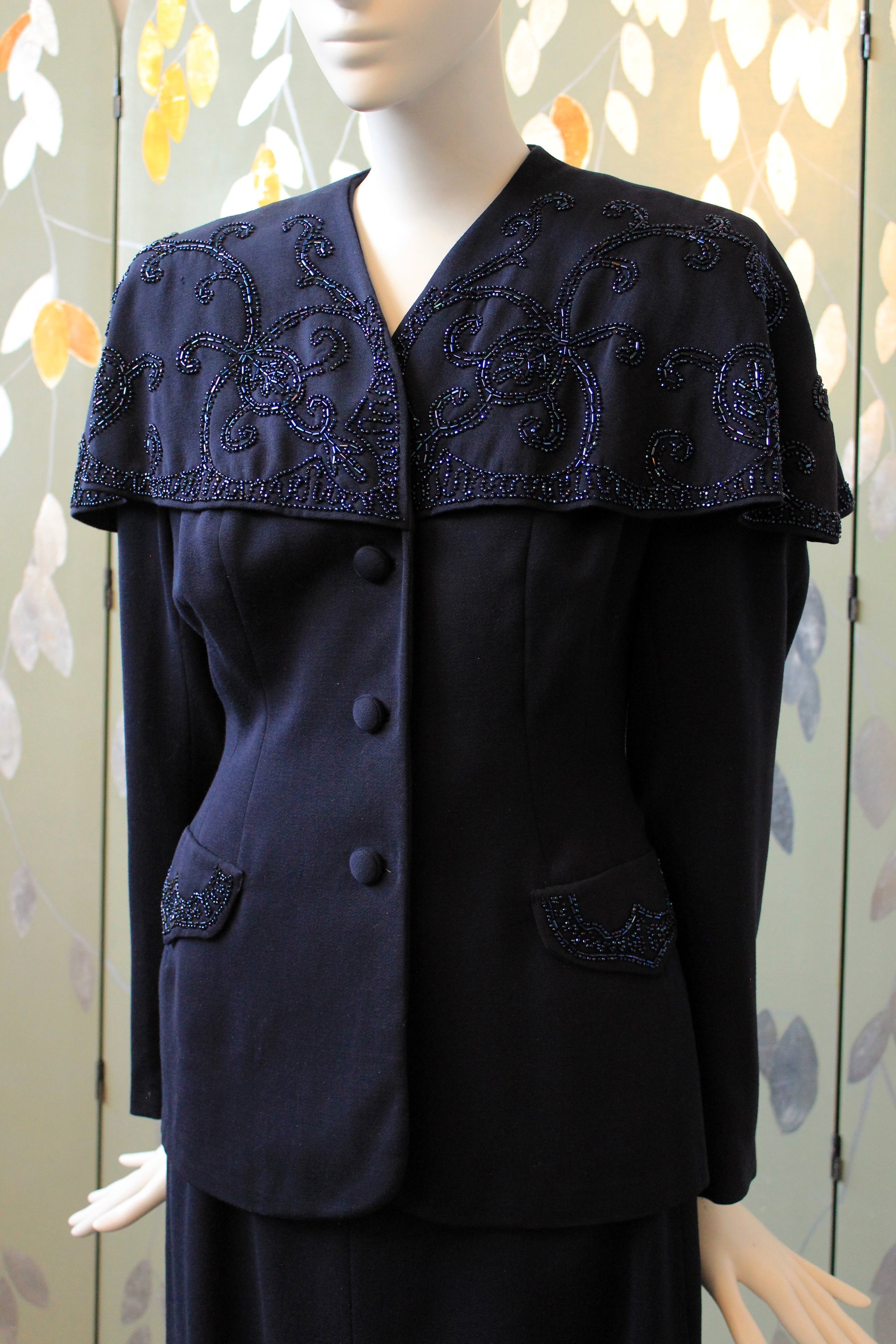 Vintage 1950s Post War Navy Blue Beaded Capelet Wool Skirt Suit Set, XS