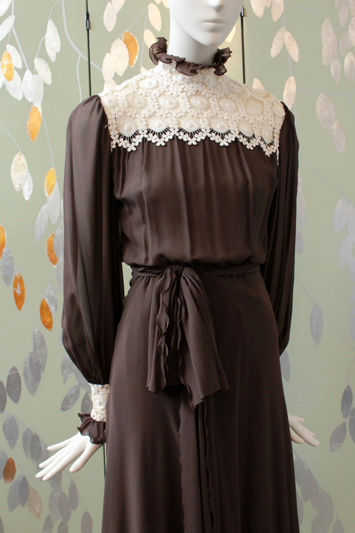 Vintage 1970s Brown PAULE NELSON Silk Chiffon Dress, Edwardian Inspired, XXS