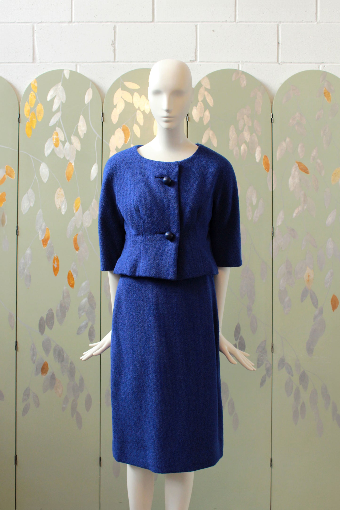 Vintage 1960s Royal Blue Mod Skirt Set With Round Buttons, Small