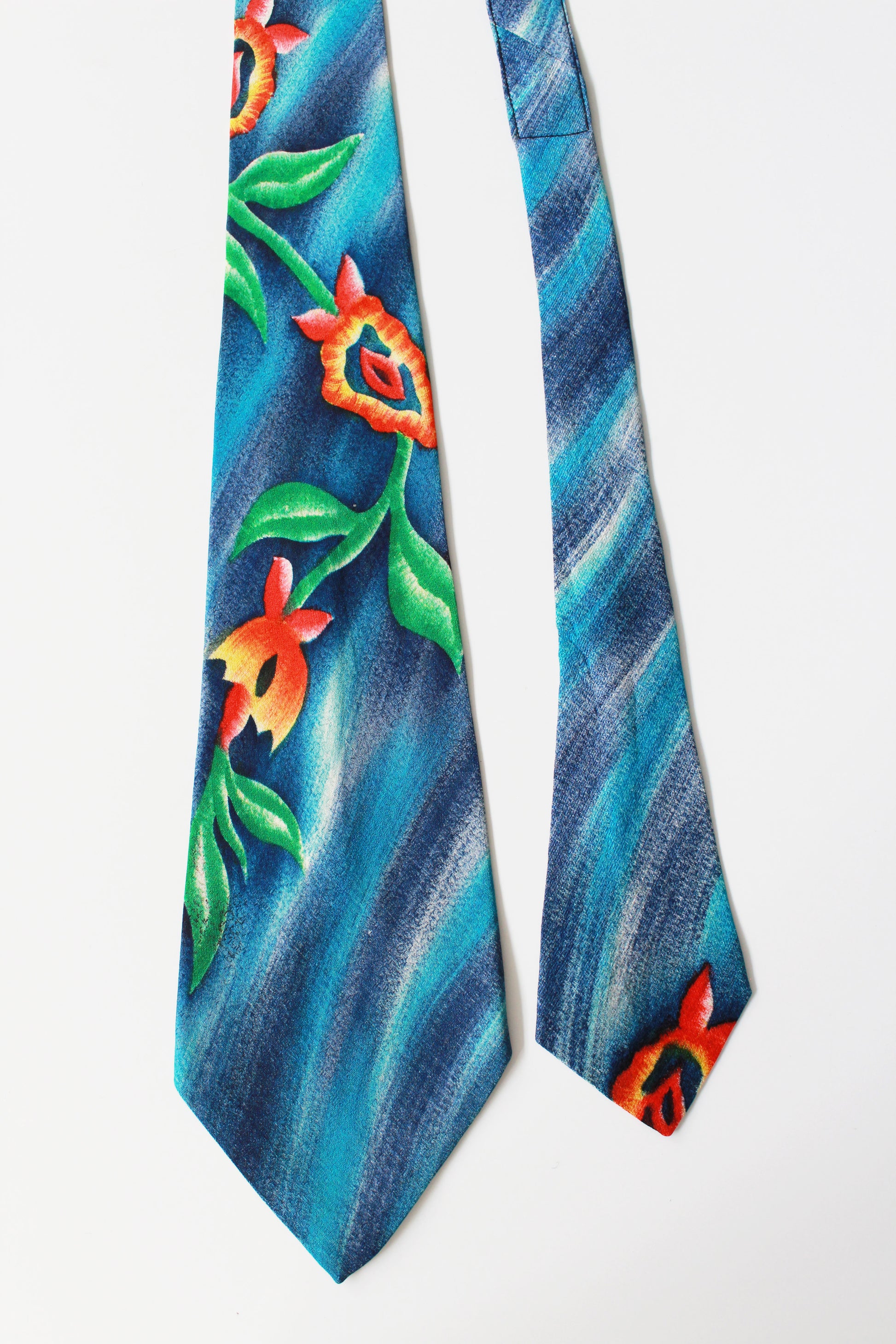 Vintage 1950s Bright Blue And Colourful Flowers Hand Painted Tie