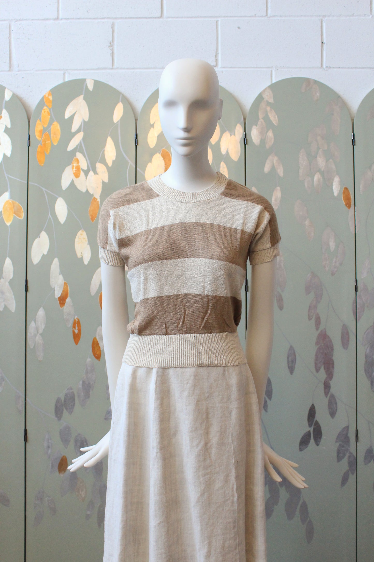 1980s Cream And Taupe Thick Stripe Deadstock Short Sleeve Knit Top, XS