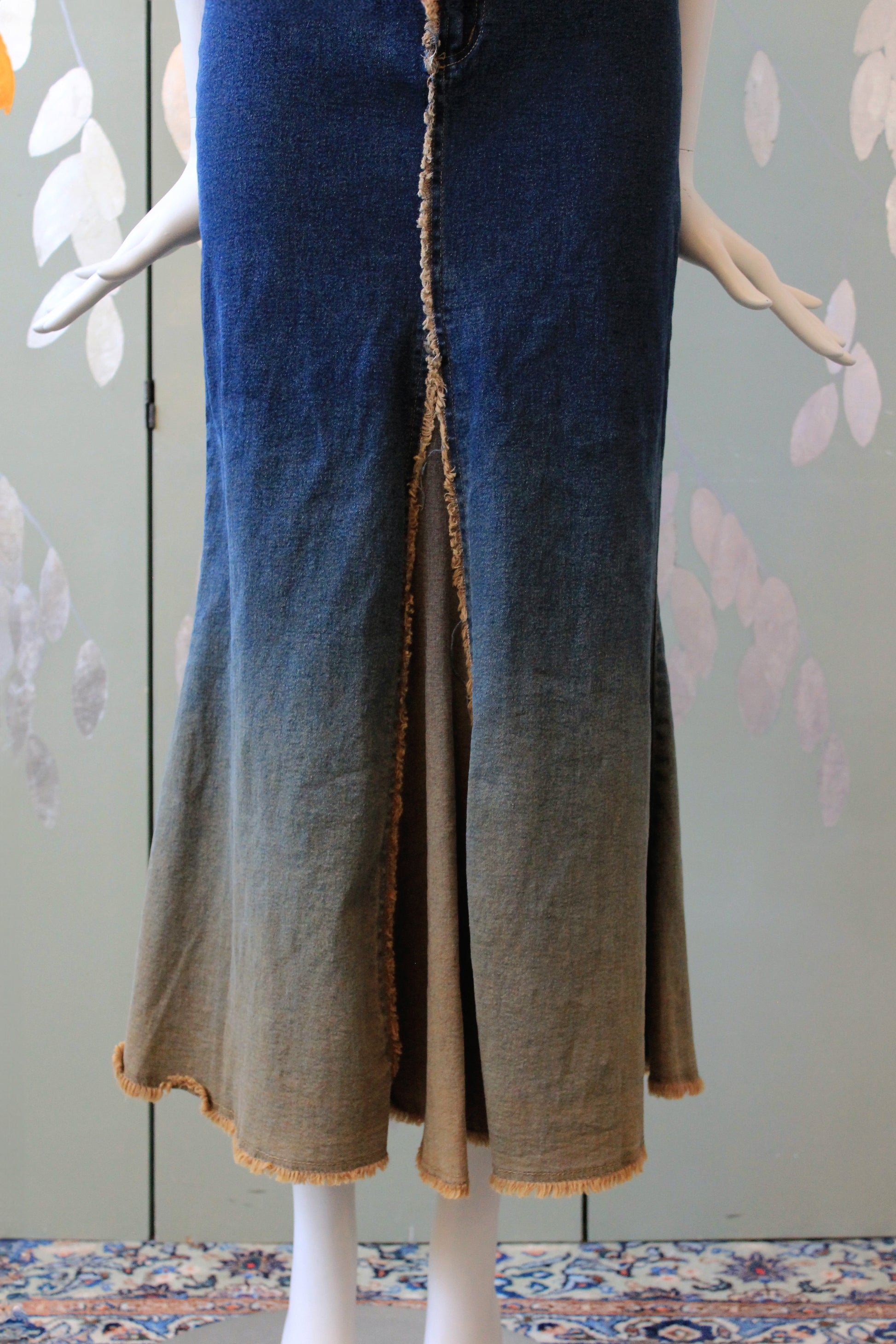 Early 2000s Dark Wash And Beige Ankle Length Skirt, Large