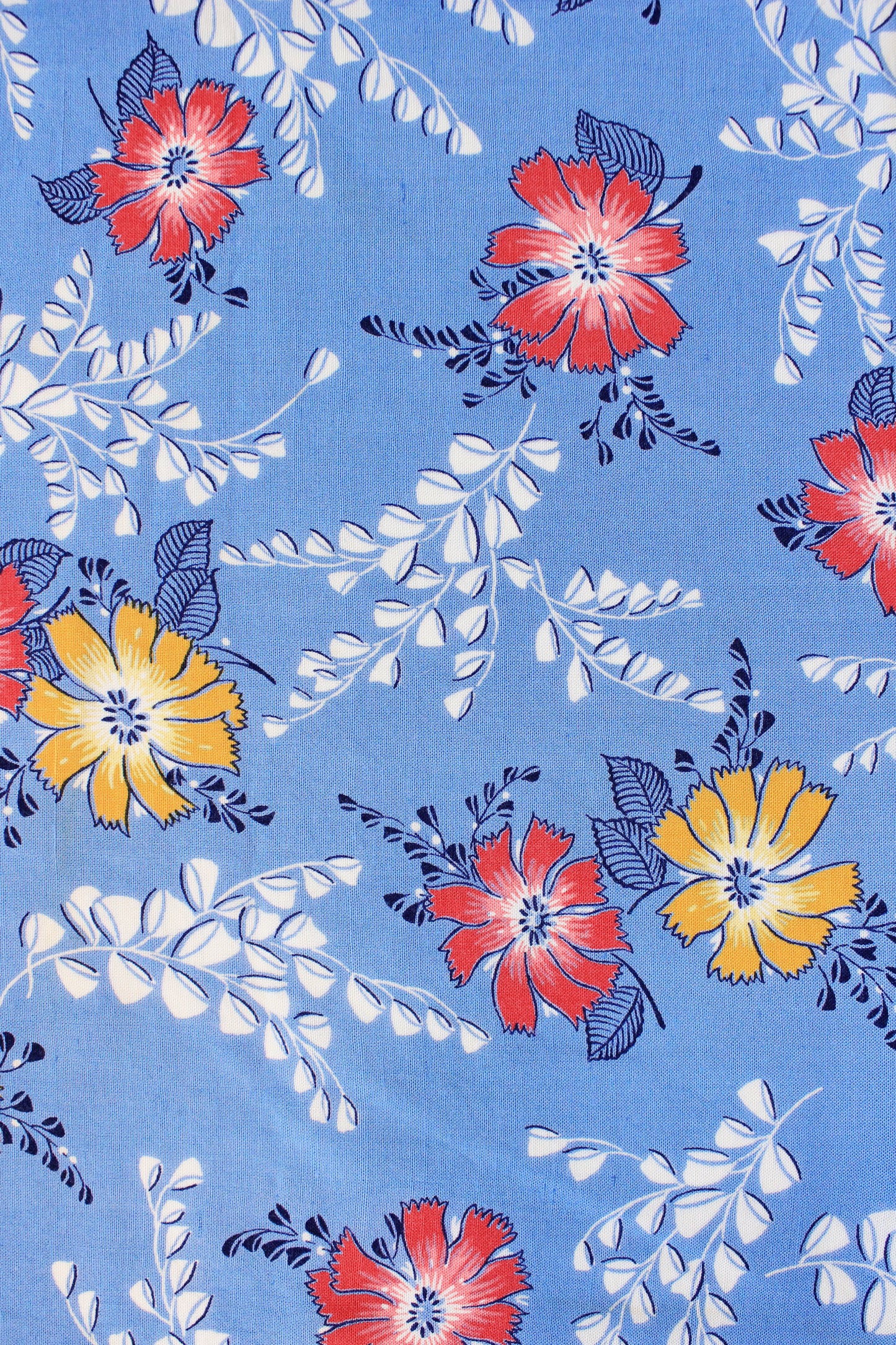 1940s Medium Blue With Red And Yellow Tropical Flowers, Rayon Fabric, 8 Yards