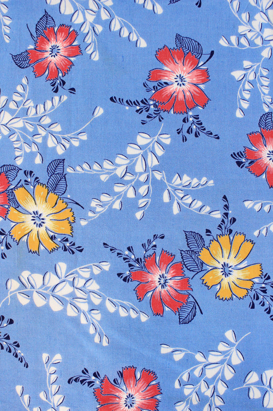 1940s Medium Blue With Red And Yellow Tropical Flowers, Rayon Fabric, 8 Yards