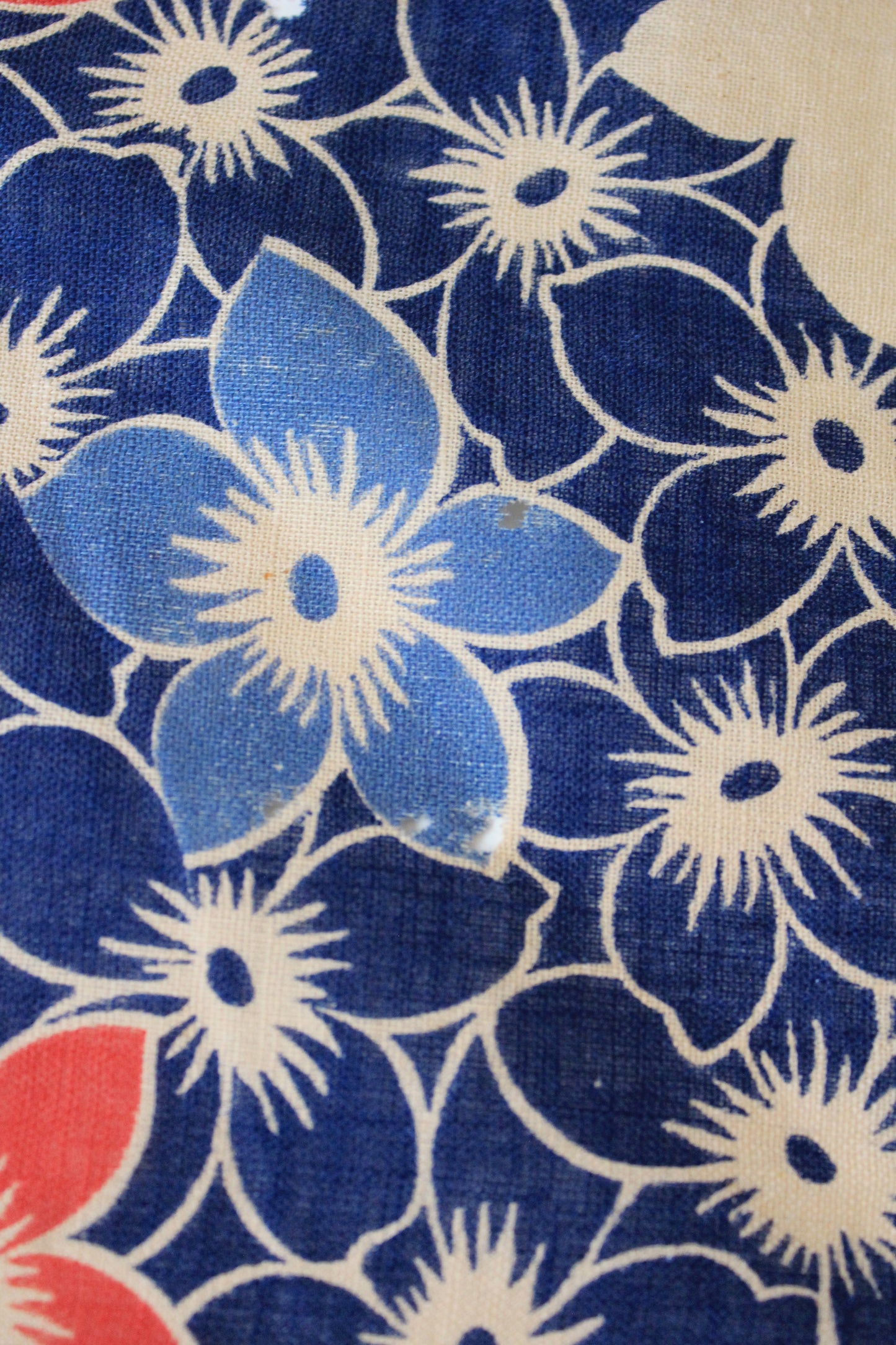  1940s Blue/White/Orange Repeating Flower Cotton Fabric, 6.75 Yards