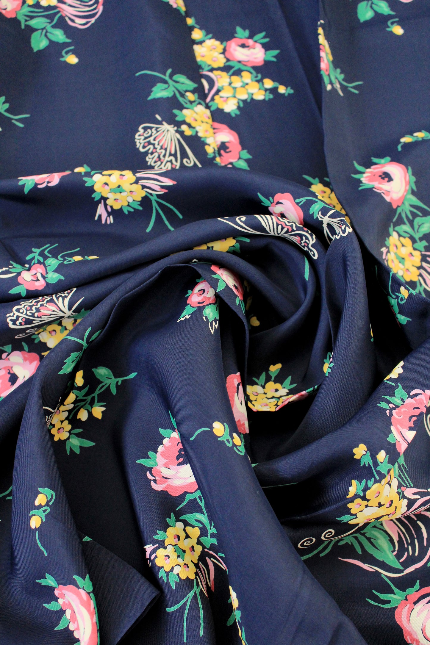 1940s Navy Blue Rayon Fabric With Pink And Yellow Flowers, 6 Yards