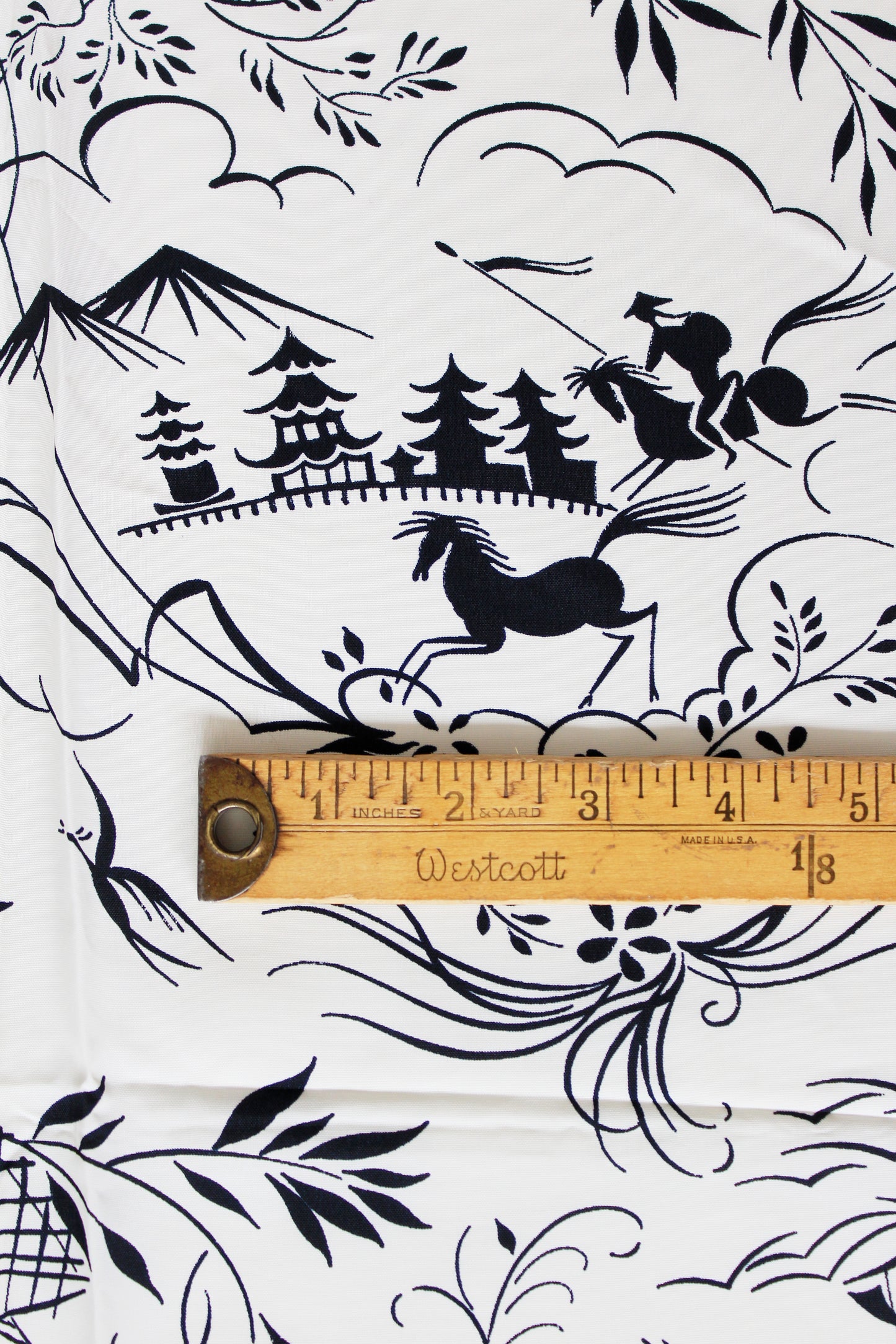 1940s Novelty Black And White Every Day Asian Countryside Print Rayon Sewing Fabric, 3.9 Yards