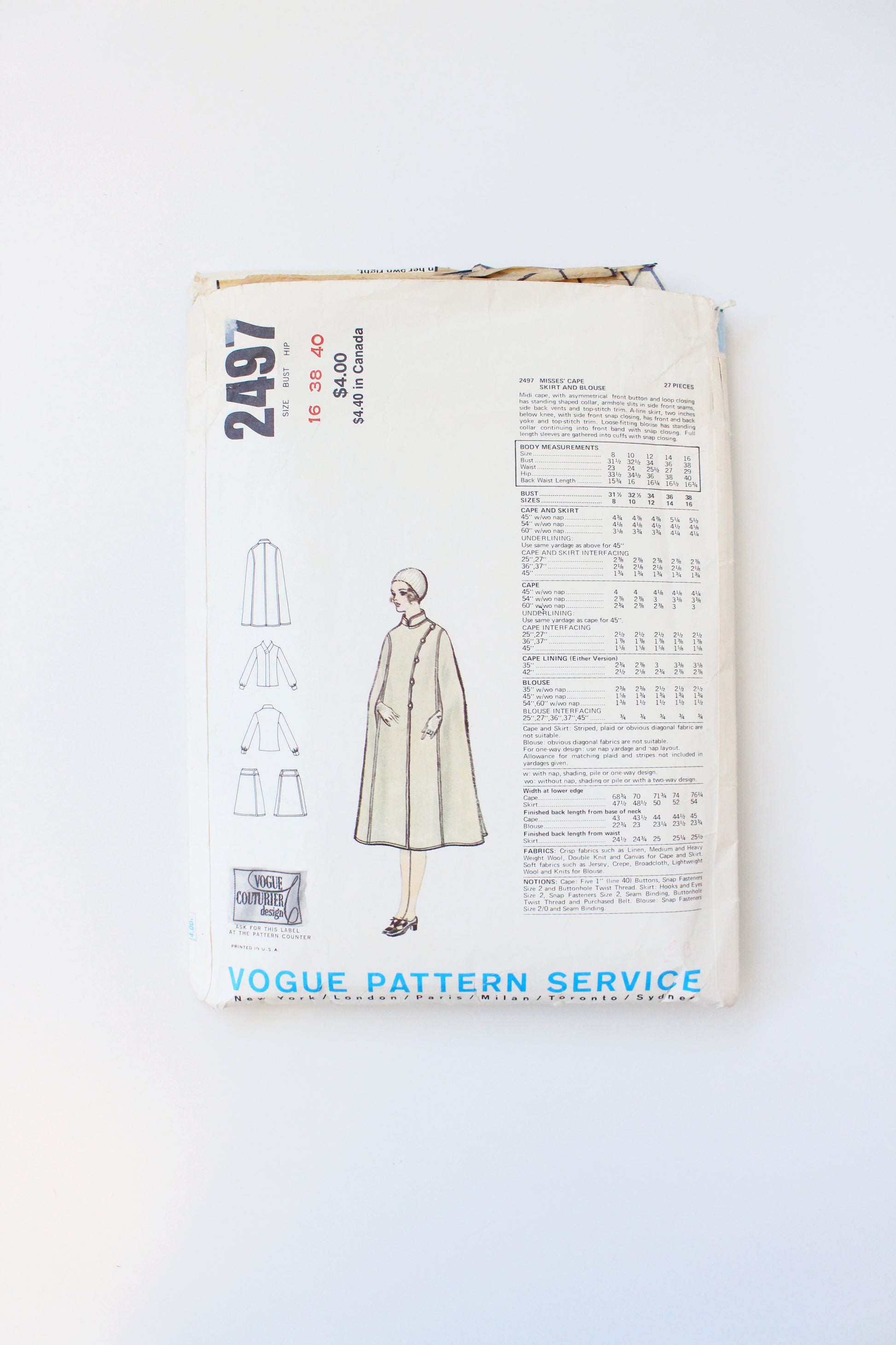 1970s Cape, Blouse And Skirt Vogue Couturier Design 2497 Sewing Pattern, Galitzine Cut-Complete Size 16