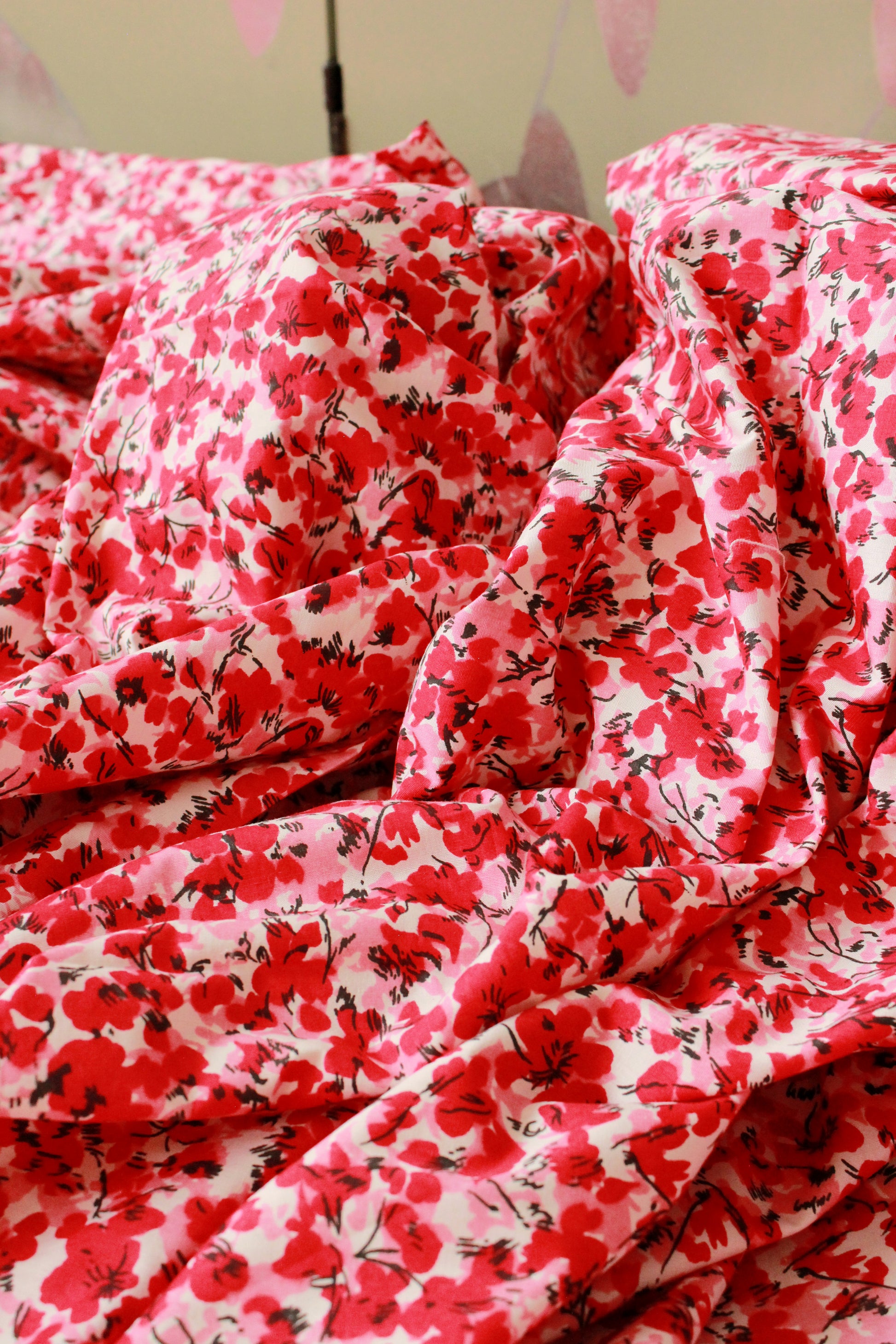 Vintage 1960s Red And Pink Floral Print Cotton Summer Fabric, 7.8 Yards