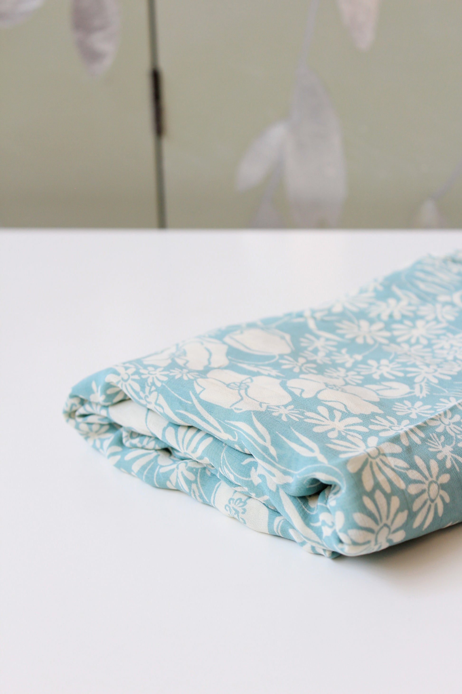 1940s Pastel Light Blue and White Feminine Floral Rayon Summer Fabric, 2.8 Yards