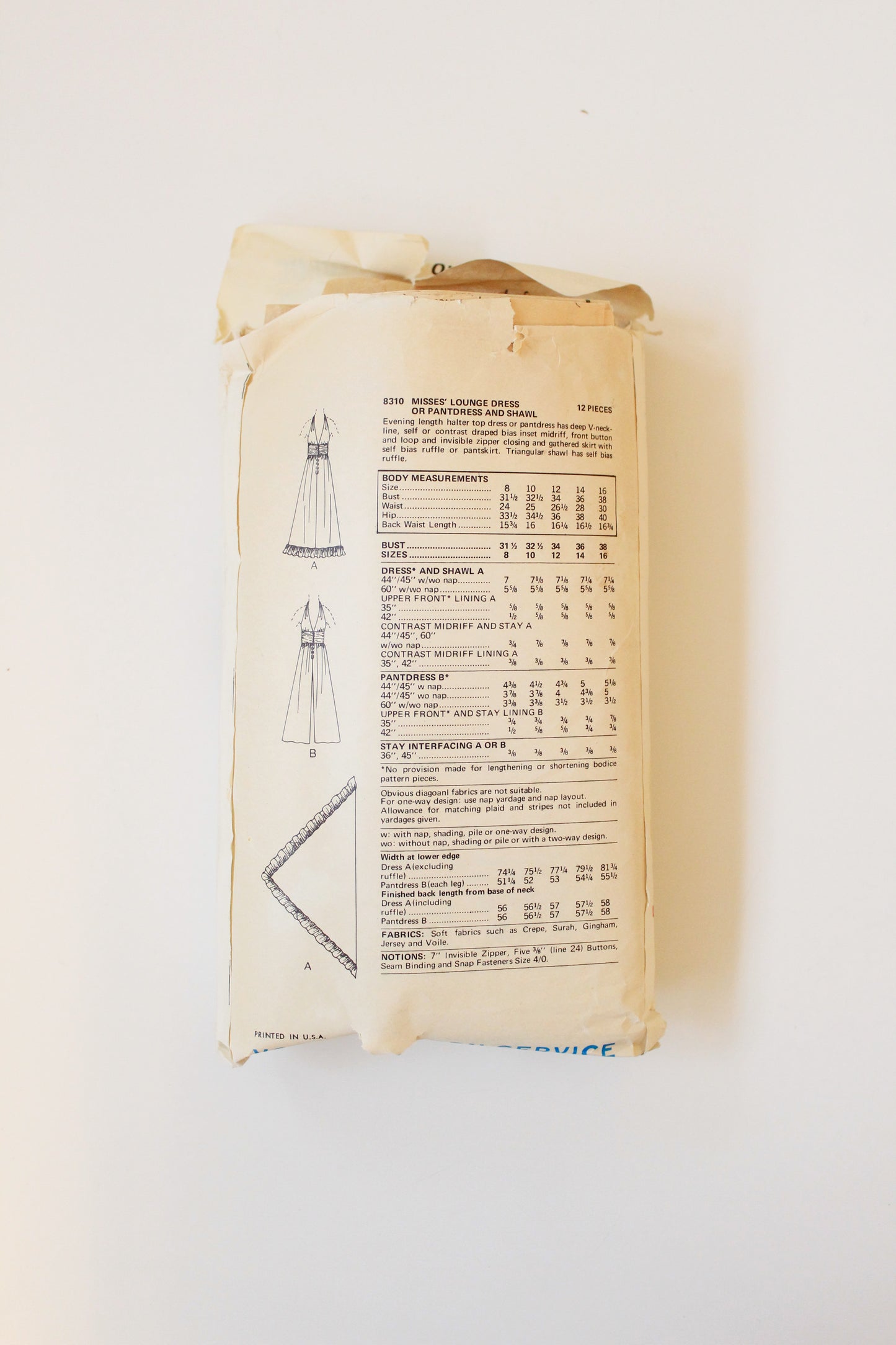 1970s Deep V Dress Vogue 8310 Sewing Pattern, Complete, Multiple Size 10 and 12