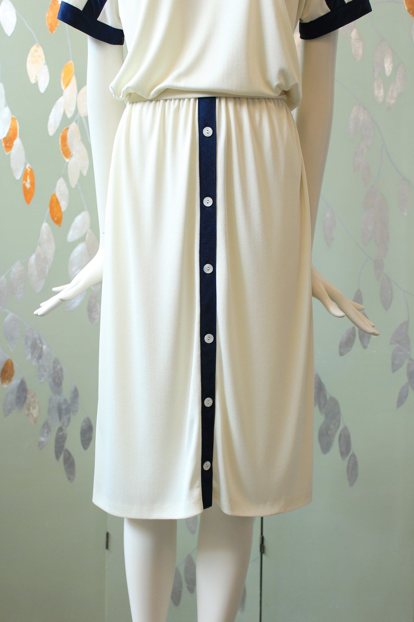 1980s Cream Short Sleeve Nautical Inspired Dress With Elastic Waist, Medium