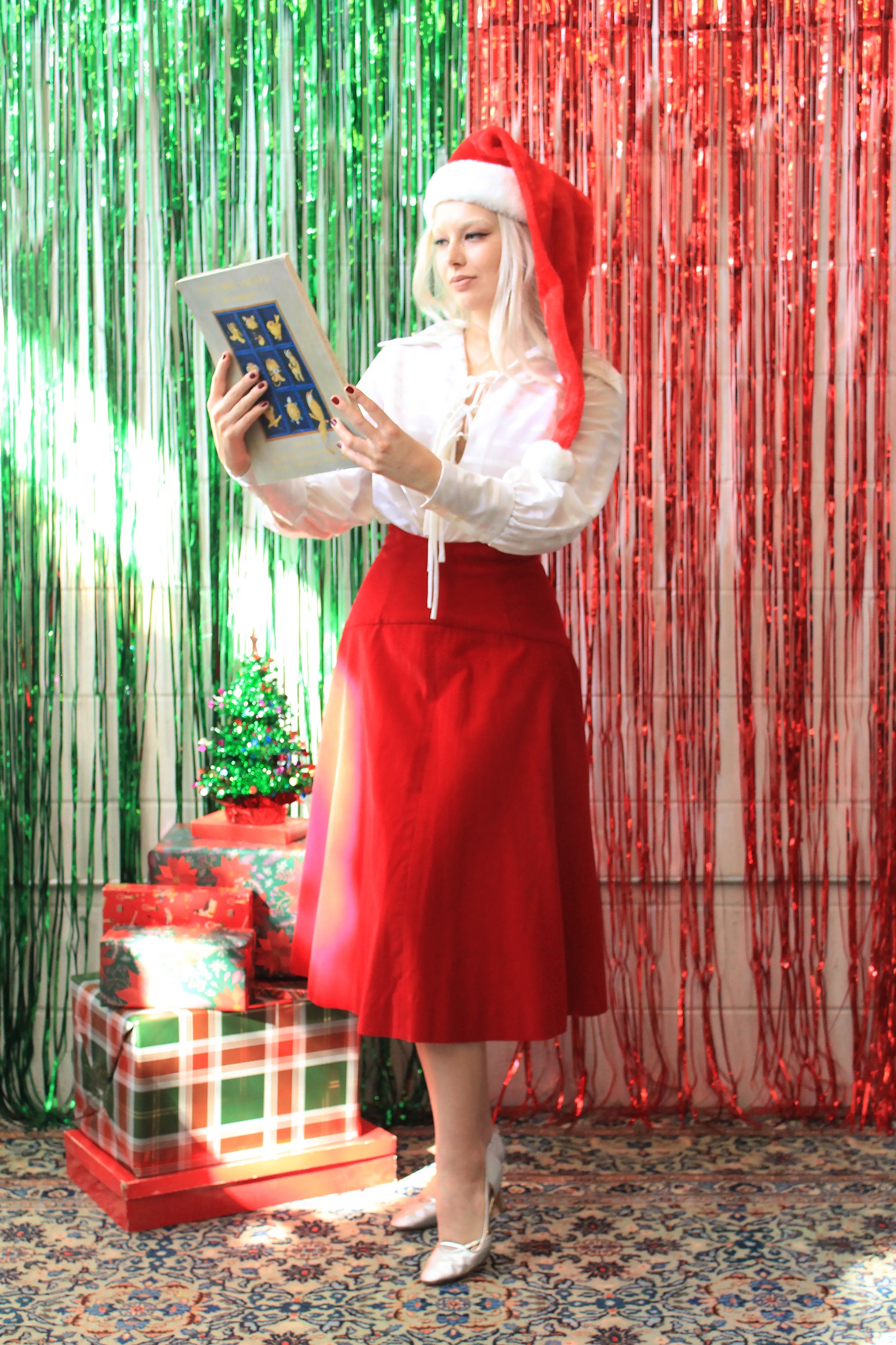 Vintage 1950s Red Velvet Basque Waist Circle Skirt, Small 