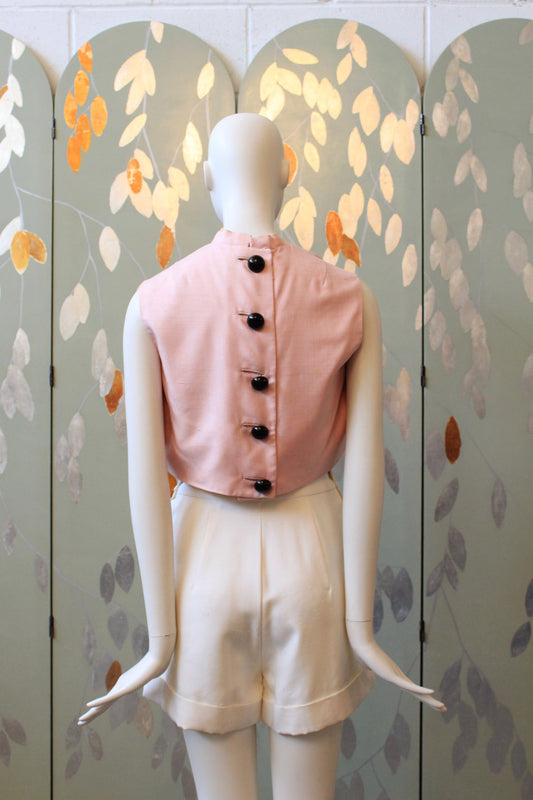 Vintage 1960s Pink Sleeveless Top With Oversized Black Buttons, XS
