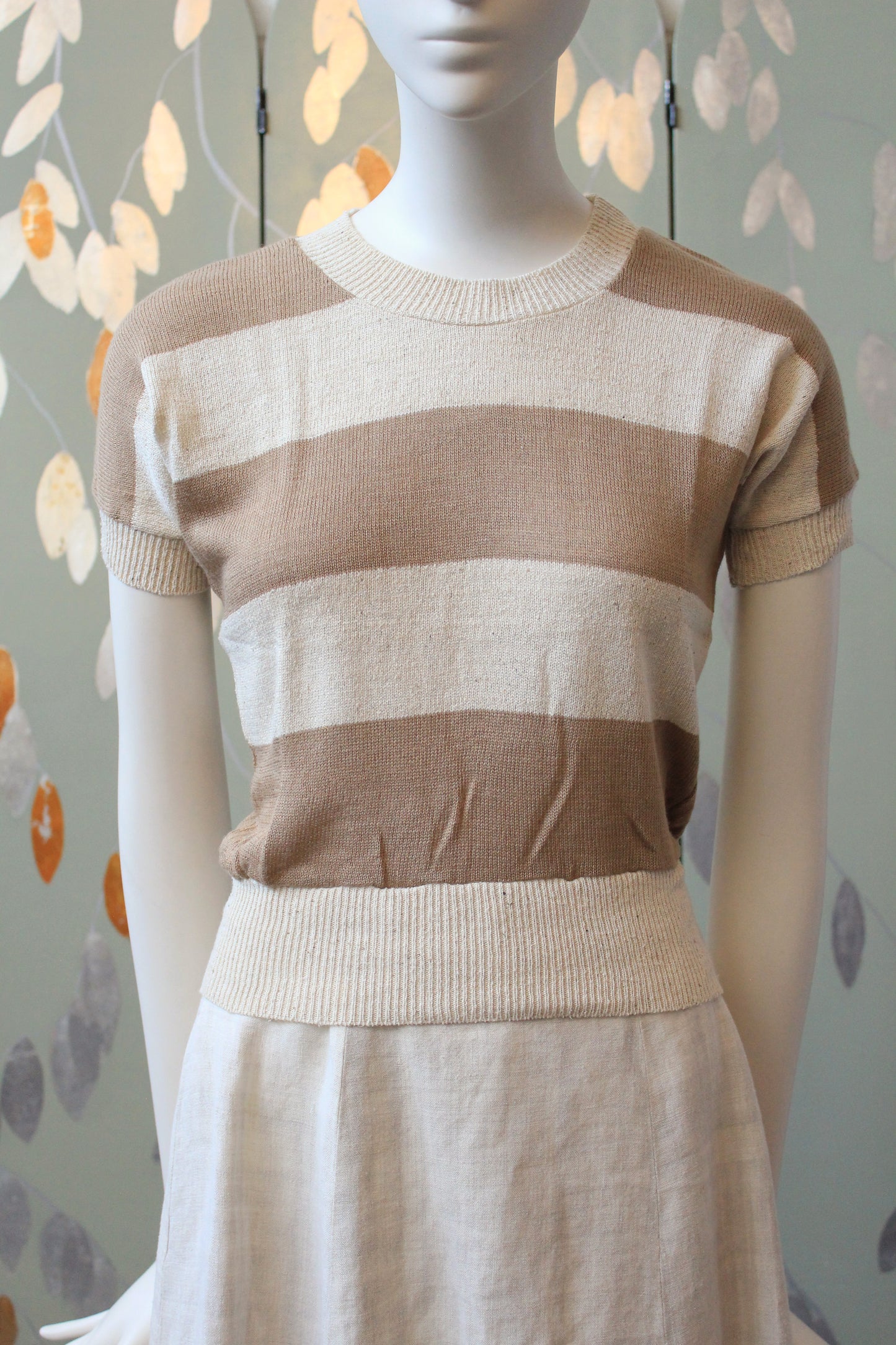 1980s Cream And Taupe Thick Stripe Deadstock Short Sleeve Knit Top, XS
