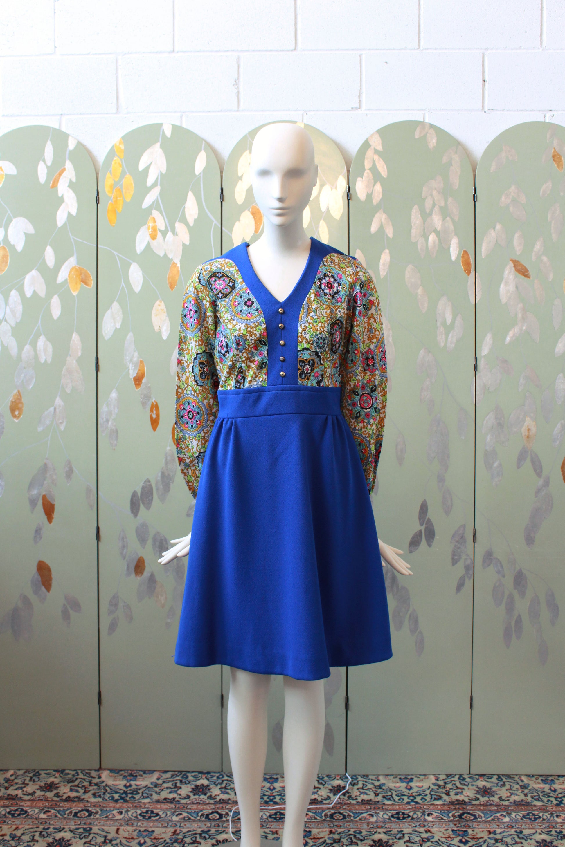 Vintage 1970s Psychedelic Royal Blue Empire Waist Dress, Small