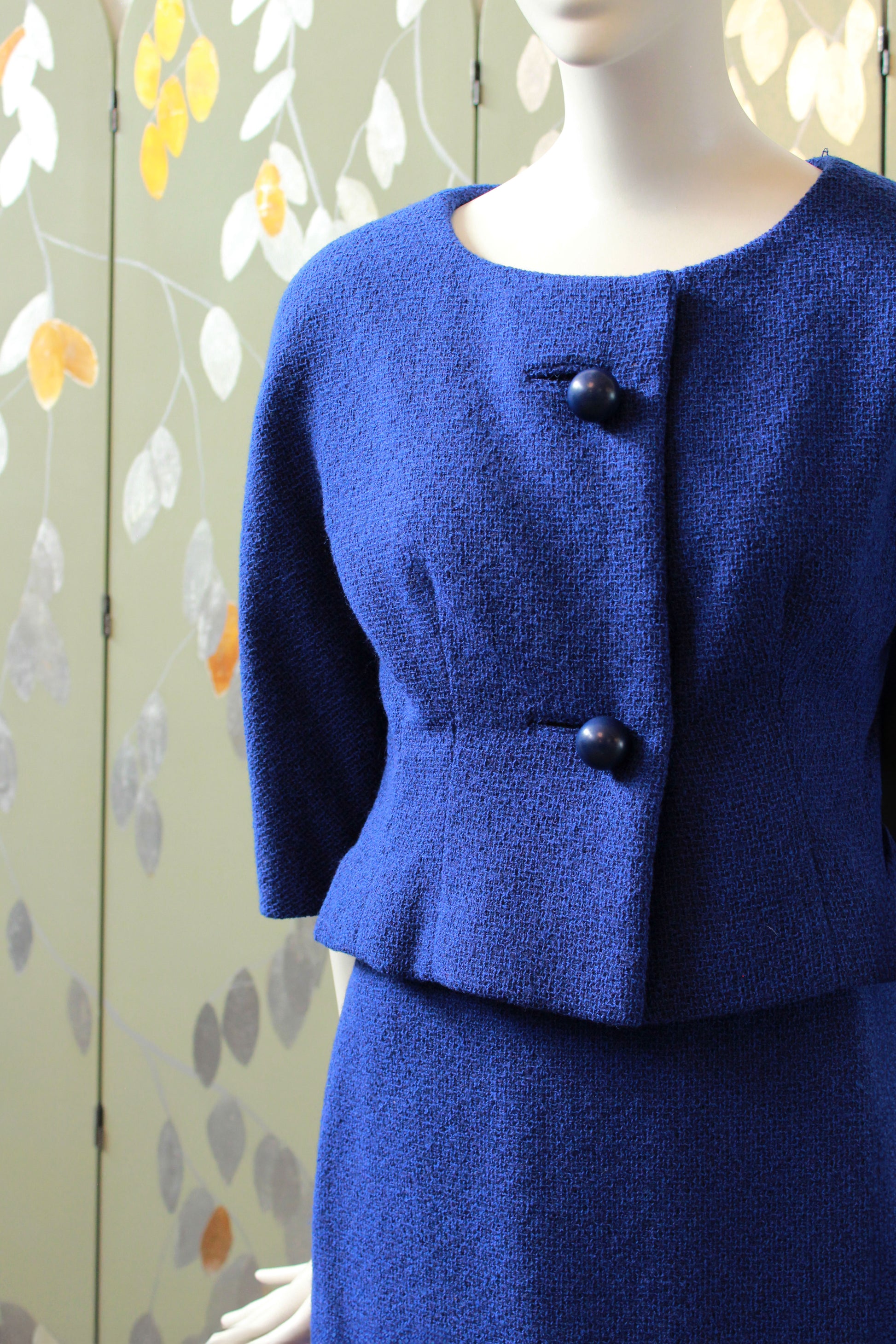 Vintage 1960s Royal Blue Mod Skirt Set With Round Buttons, Small