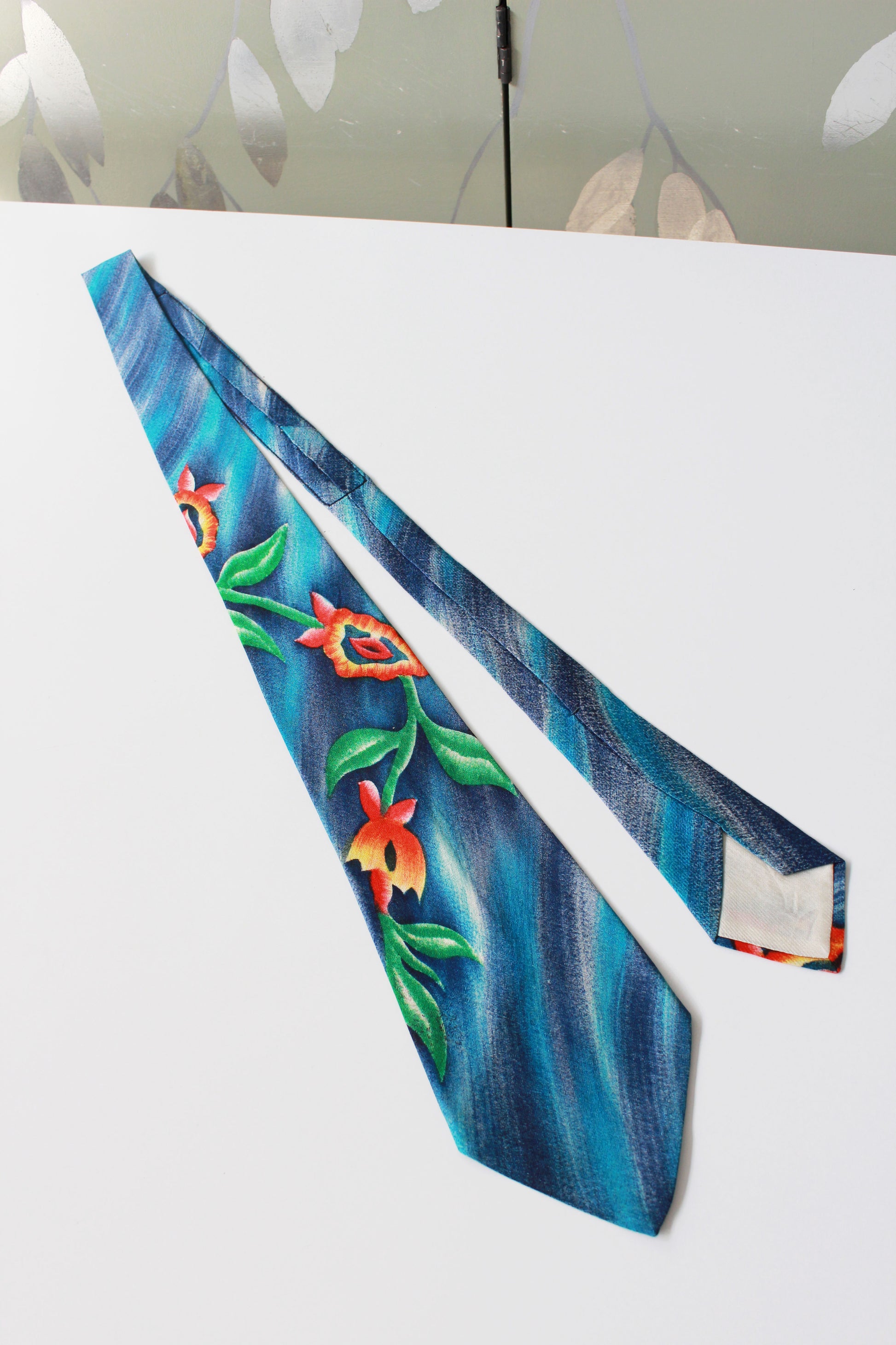 Vintage 1950s Bright Blue And Colourful Flowers Hand Painted Tie