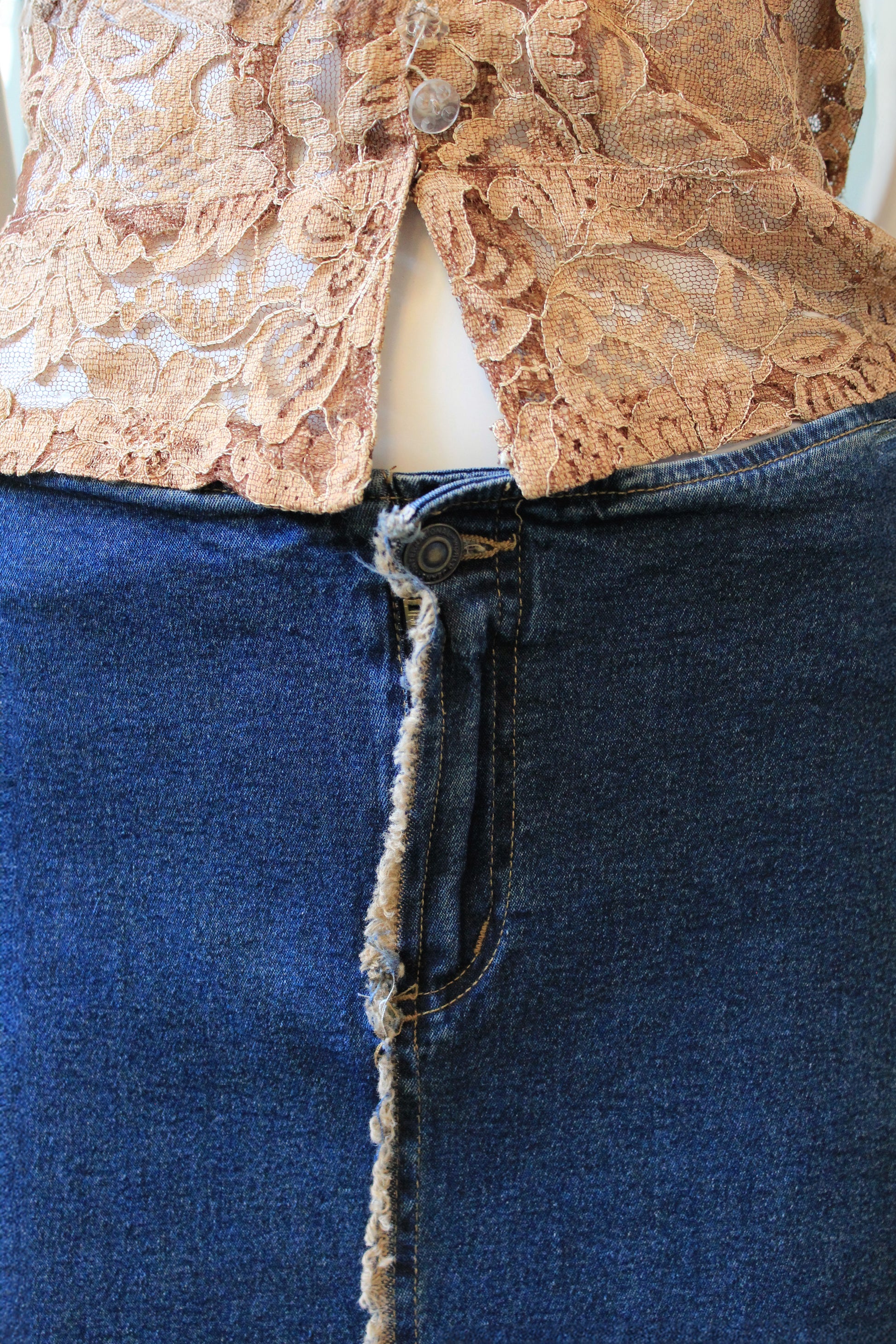 Early 2000s Dark Wash And Beige Ankle Length Skirt, Large
