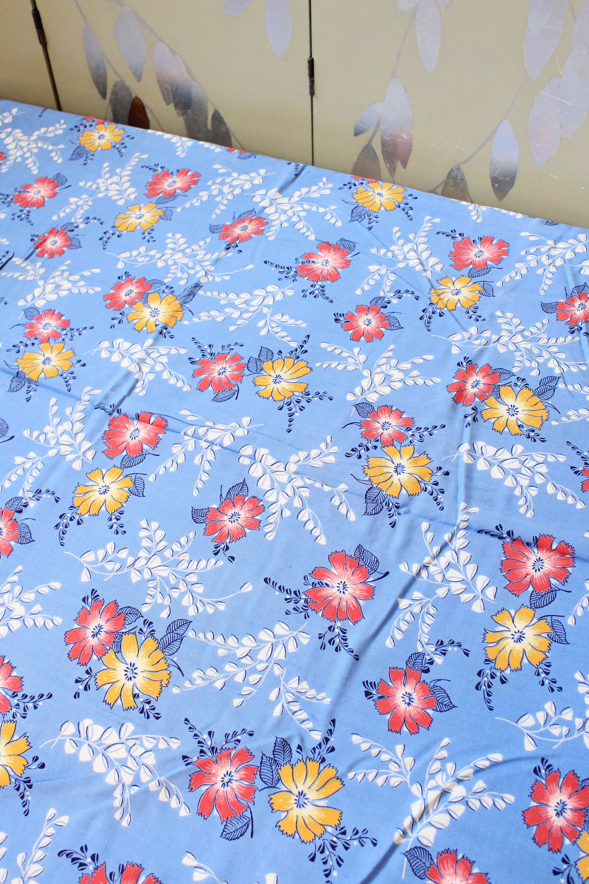 1940s Medium Blue With Red And Yellow Tropical Flowers, Rayon Fabric, 8 Yards