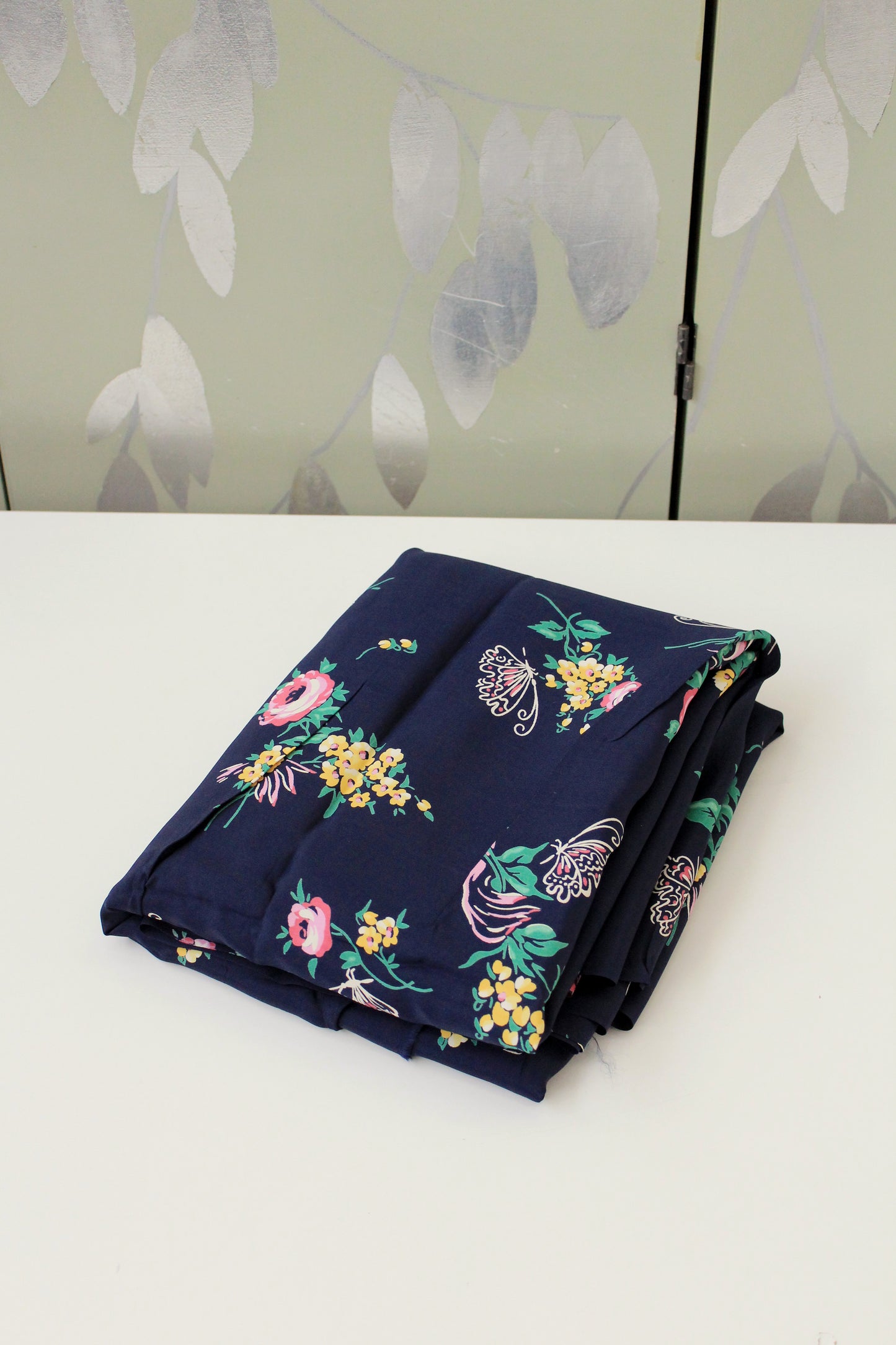 1940s Navy Blue Rayon Fabric With Pink And Yellow Flowers, 6 Yards