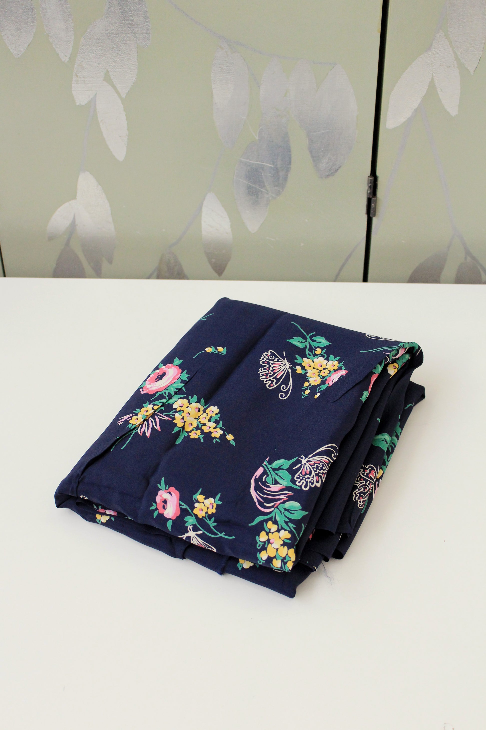 1940s Navy Blue Rayon Fabric With Pink And Yellow Flowers, 6 Yards