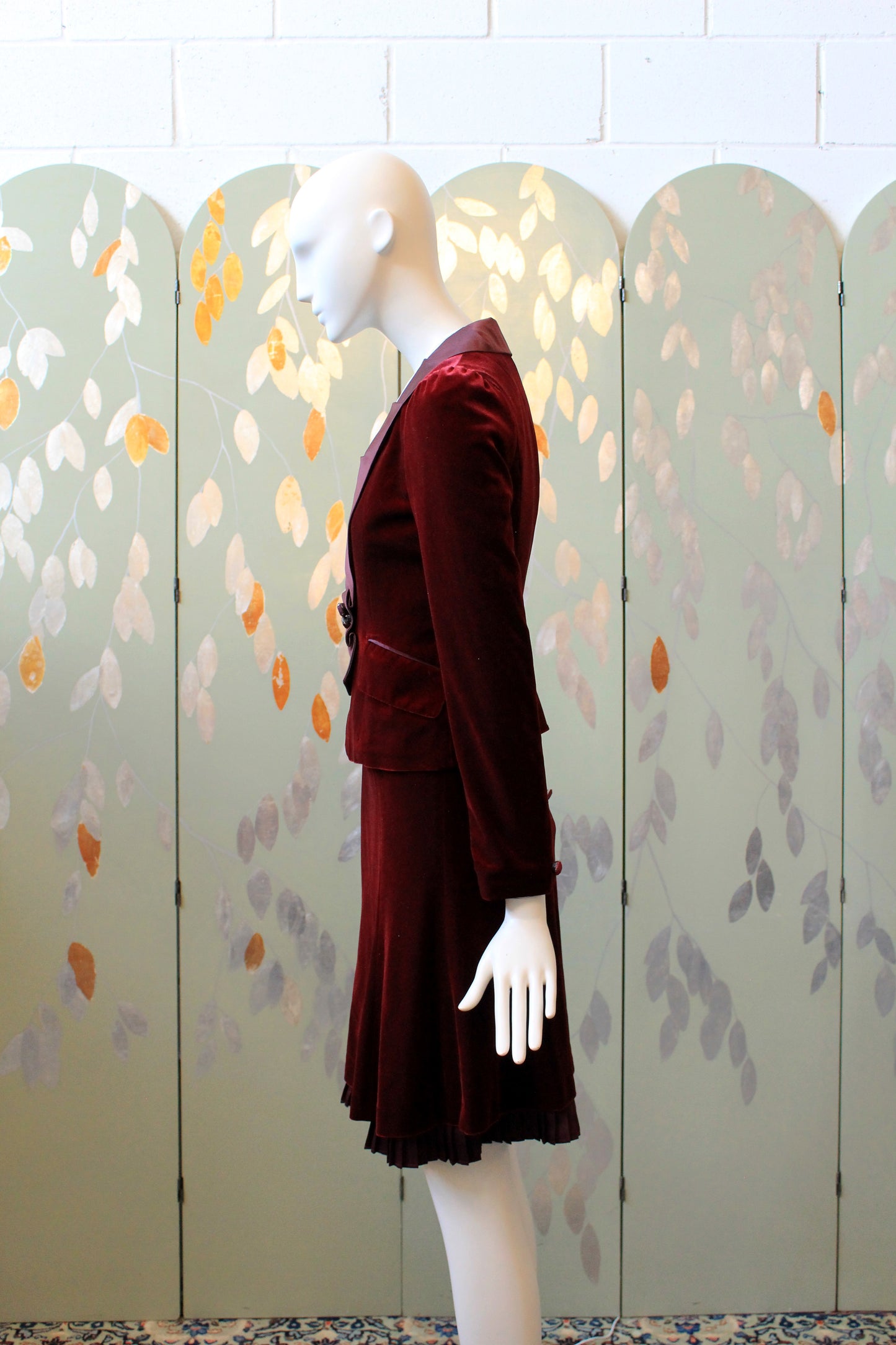 Early 2000s Burgundy Velvet Skirt Suit Set With Decorative Clasp, Small