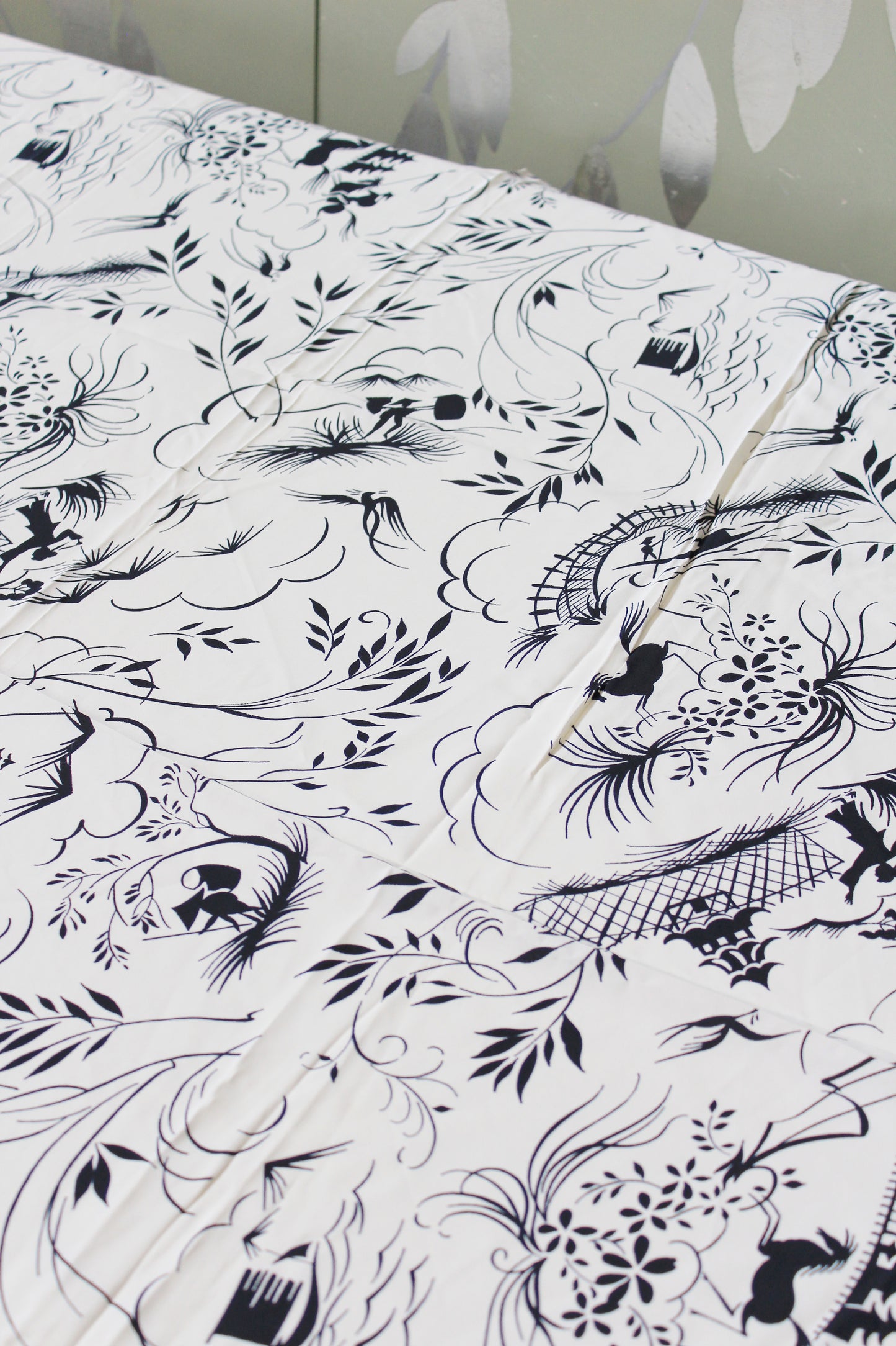 1940s Novelty Black And White Every Day Asian Countryside Print Rayon Sewing Fabric, 3.9 Yards