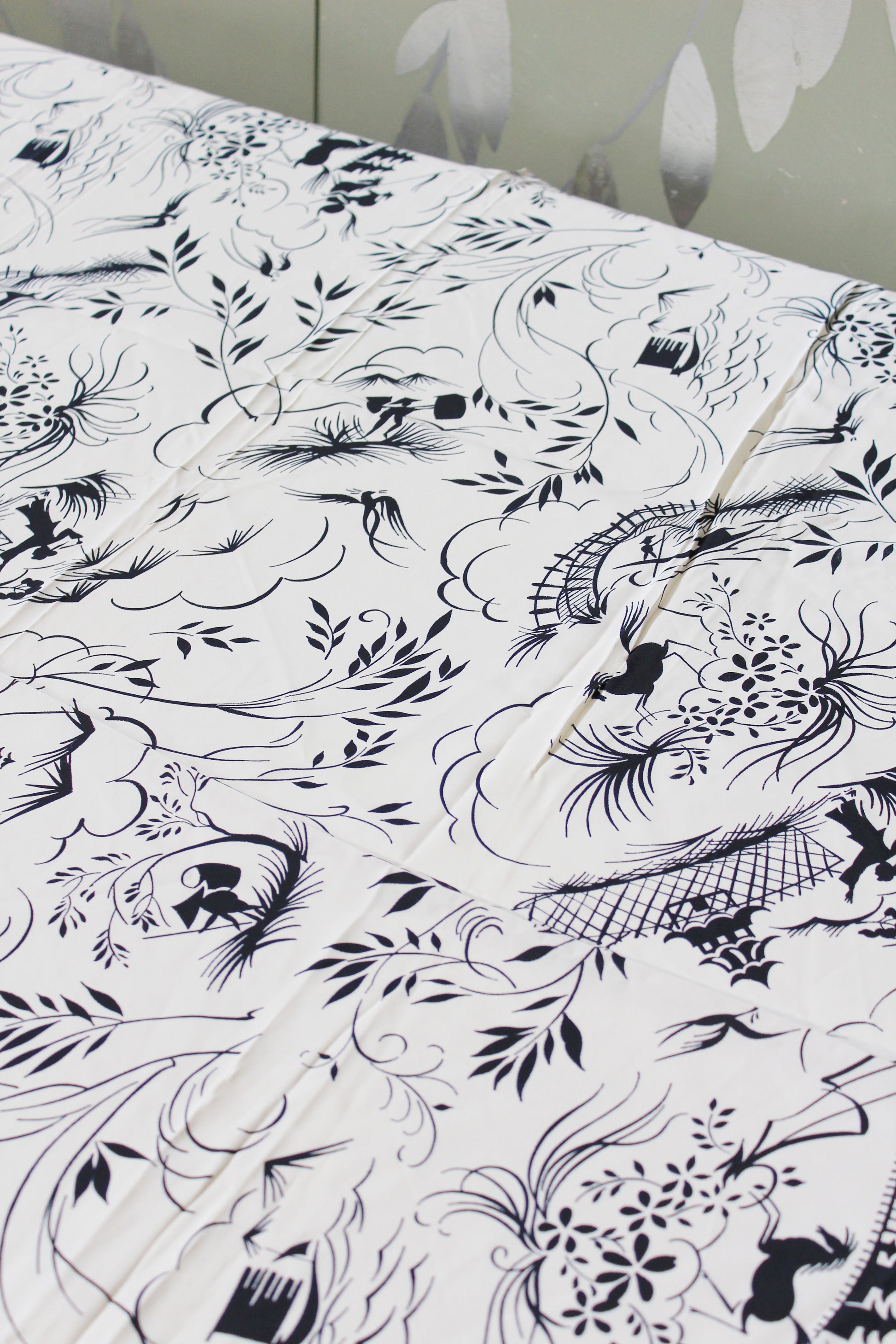 1940s Novelty Black And White Every Day Asian Countryside Print Rayon Sewing Fabric, 3.9 Yards