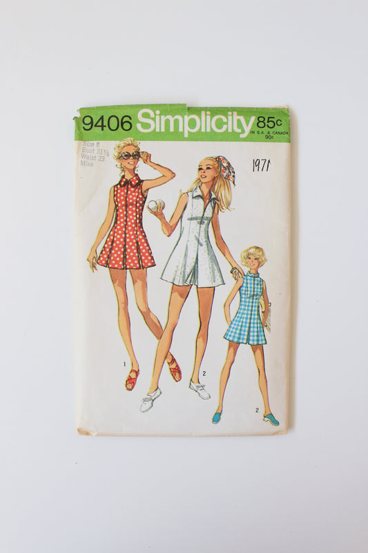 1970s Tennis Dress Or Shorts Simplicity 9406 Sewing Pattern, Uncut, 8