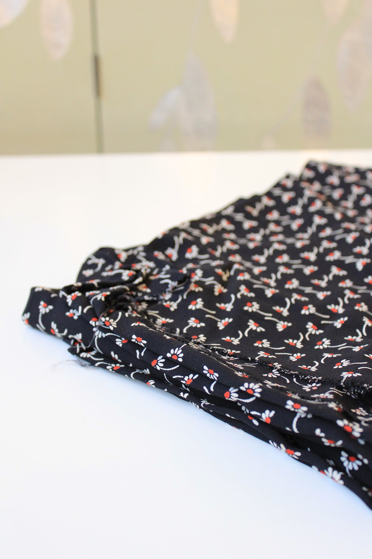 1930s Navy Blue And White With Red Flowers Rayon Fabric, 3 Yards