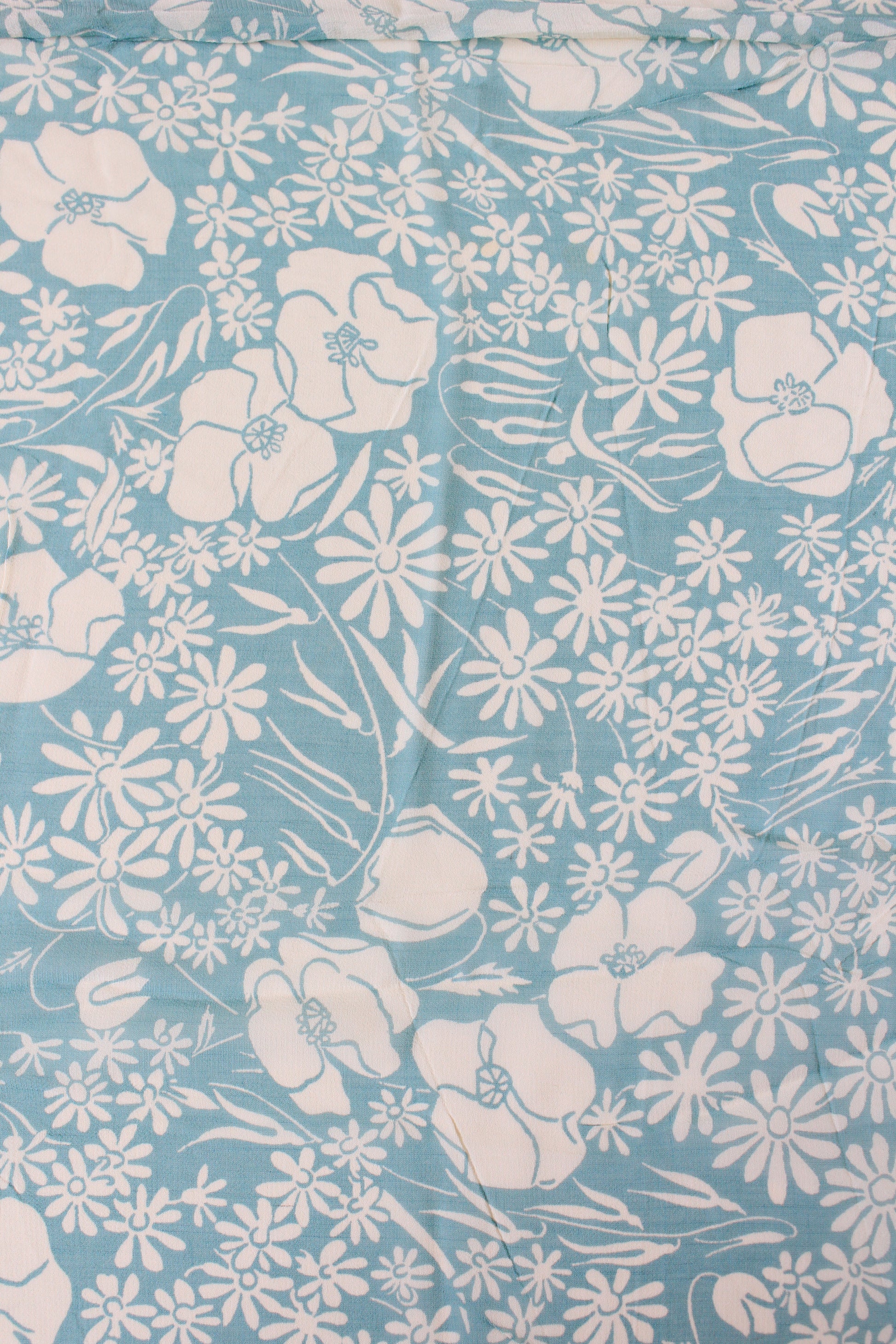 1940s Pastel Light Blue and White Feminine Floral Rayon Summer Fabric, 2.8 Yards