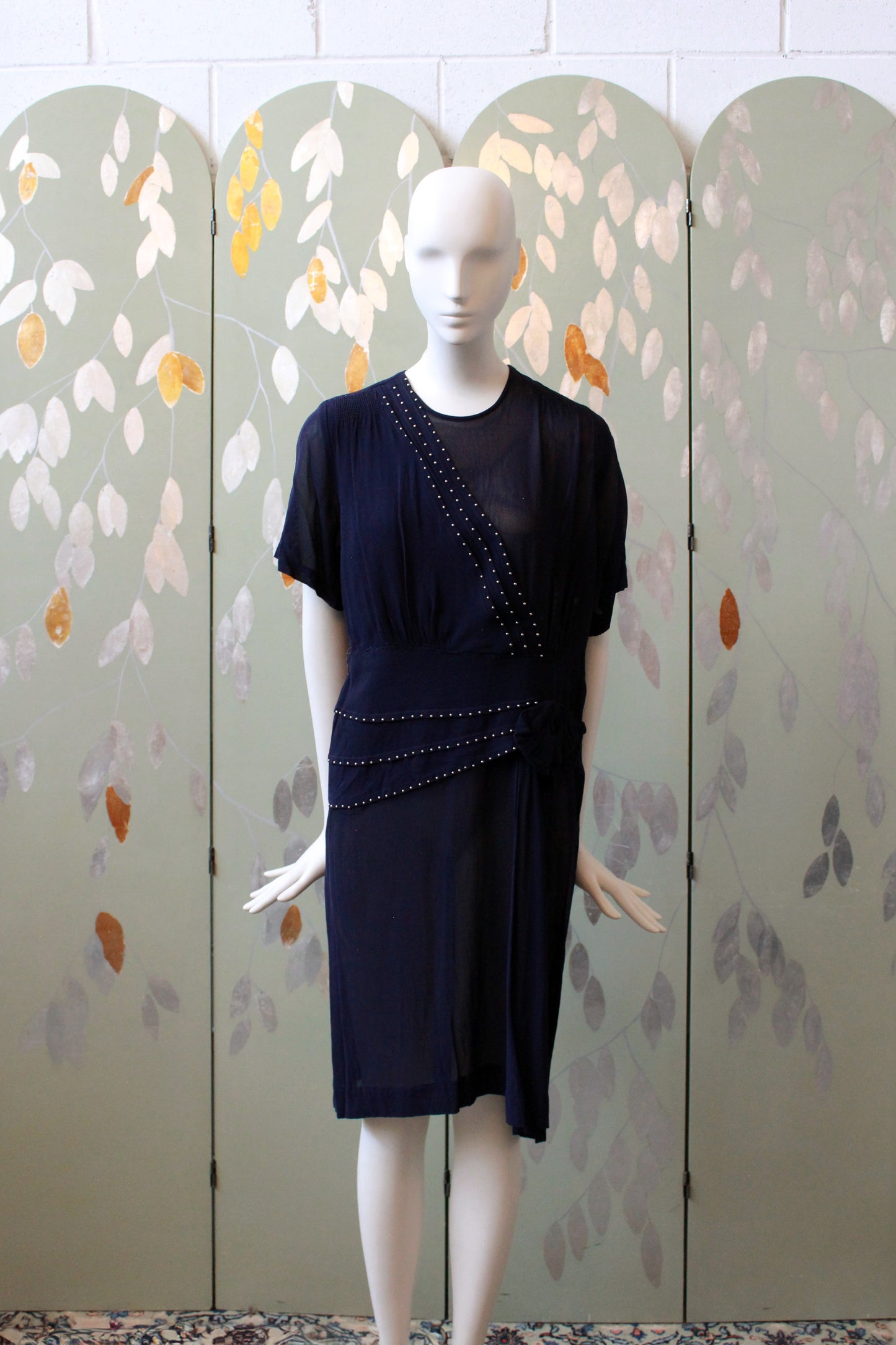 1940s Navy Blue Sheer Net Dress With Bow And Round Studs, Medium