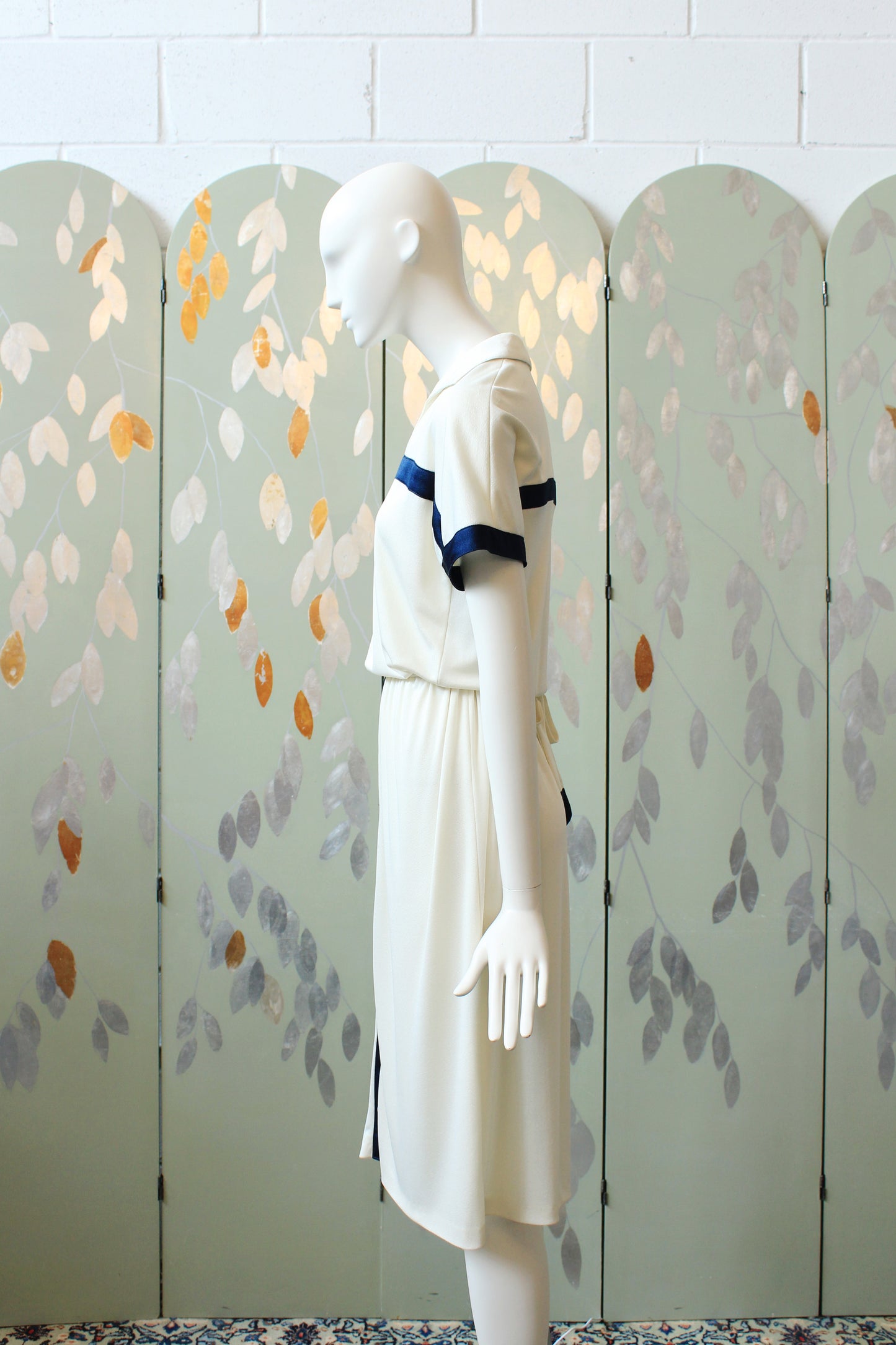 1980s Cream Short Sleeve Nautical Inspired Dress With Elastic Waist, Medium