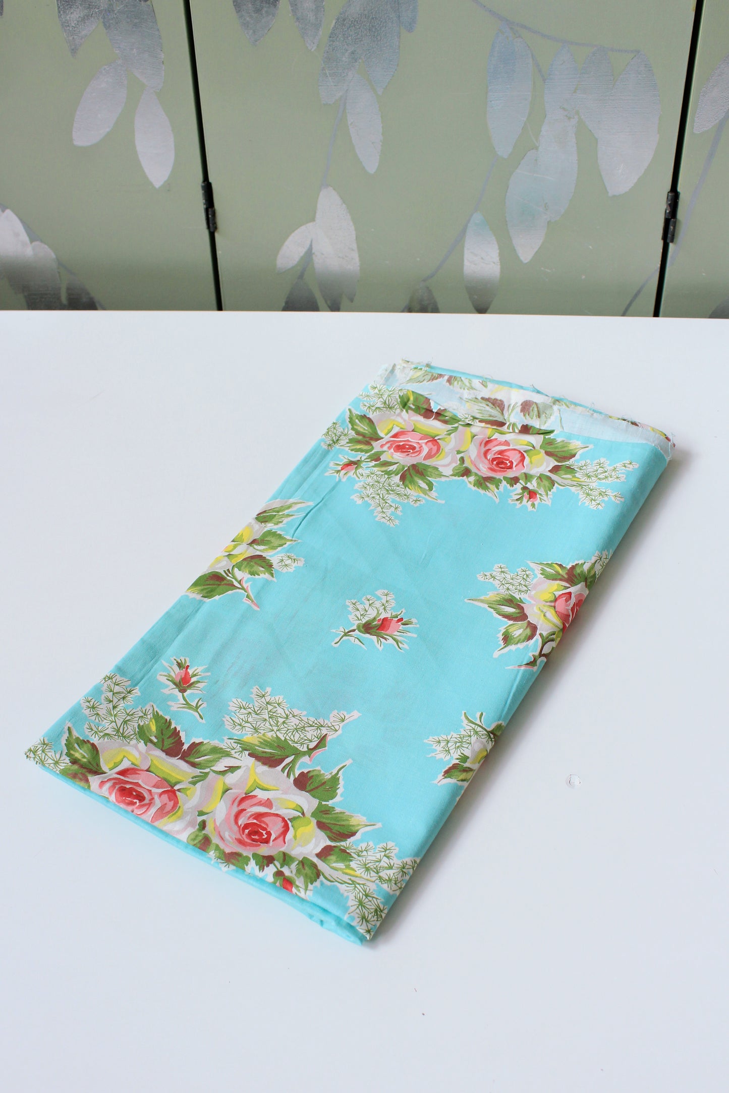 1950s Bright Blue And Romantic Illustrated Floral Cotton Fabric, 3.9 Yards