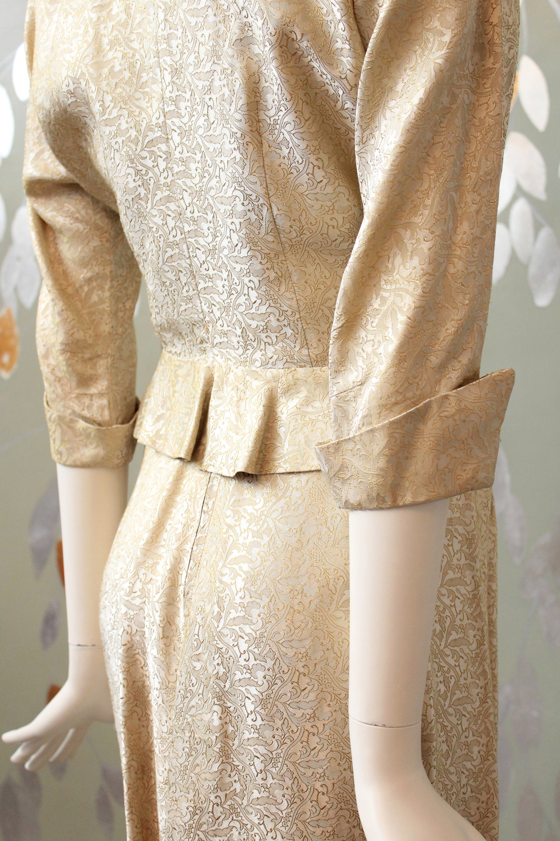 Vintage 1950s Cream Gold Thread Skirt Suit Set With Peplum, XS, Courthouse Wedding
