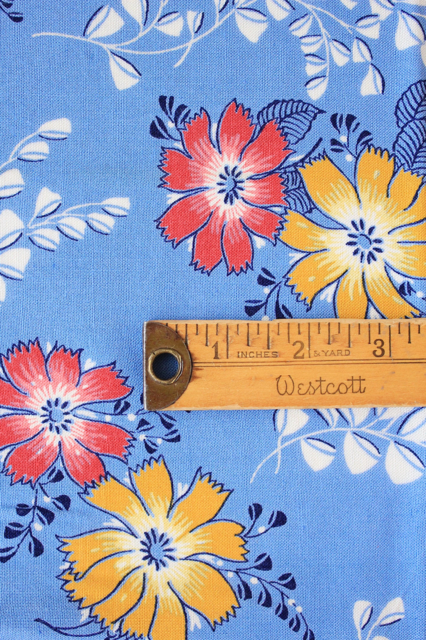 1940s Medium Blue With Red And Yellow Tropical Flowers, Rayon Fabric, 8 Yards