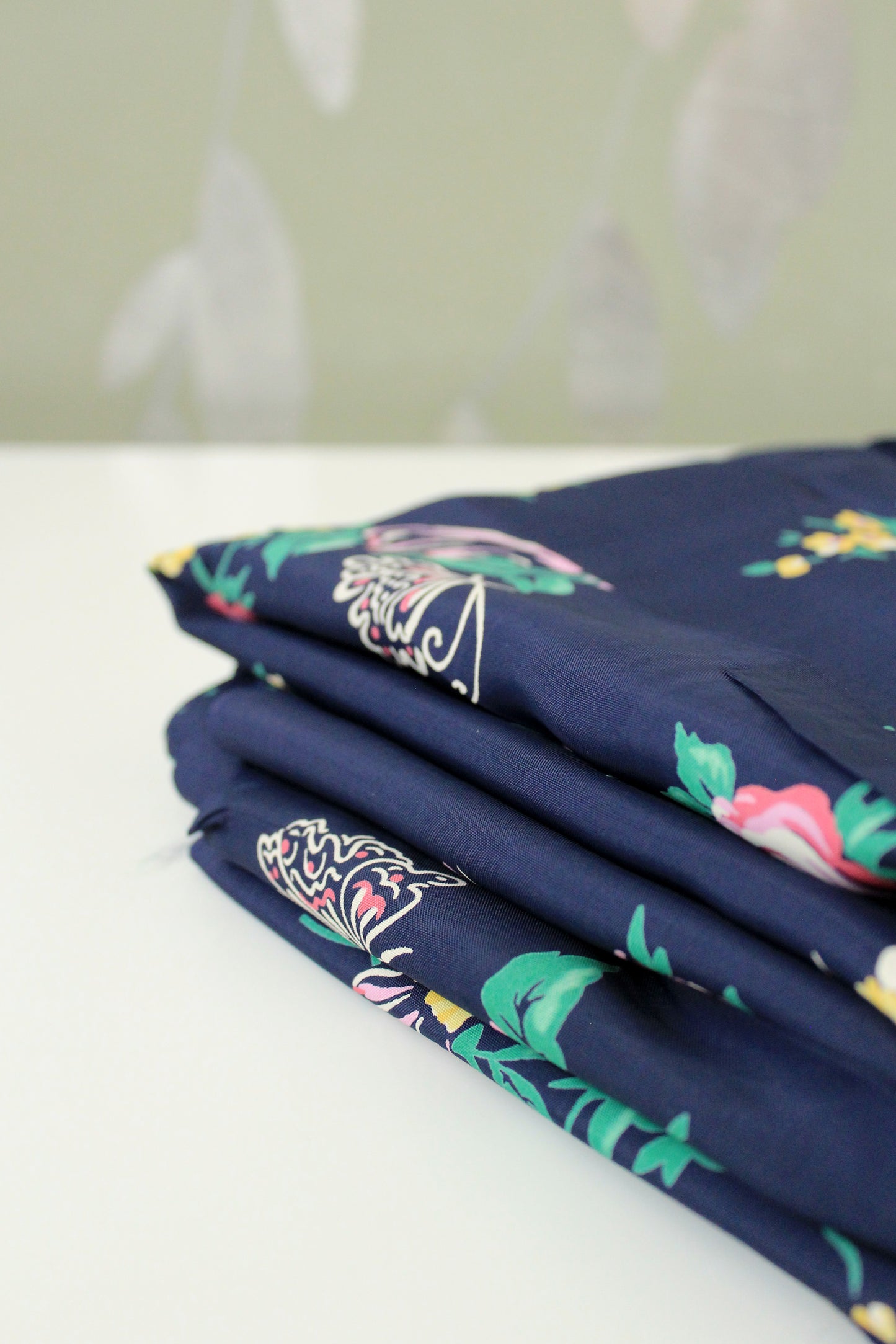 1940s Navy Blue Rayon Fabric With Pink And Yellow Flowers, 6 Yards