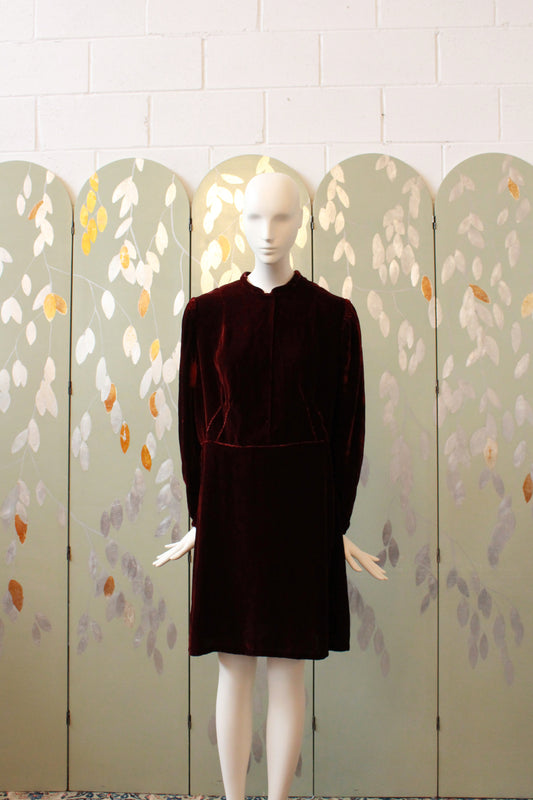 Vintage Late 1930-Early 1940s Deep Red Maroon Velvet Dress, L-XL