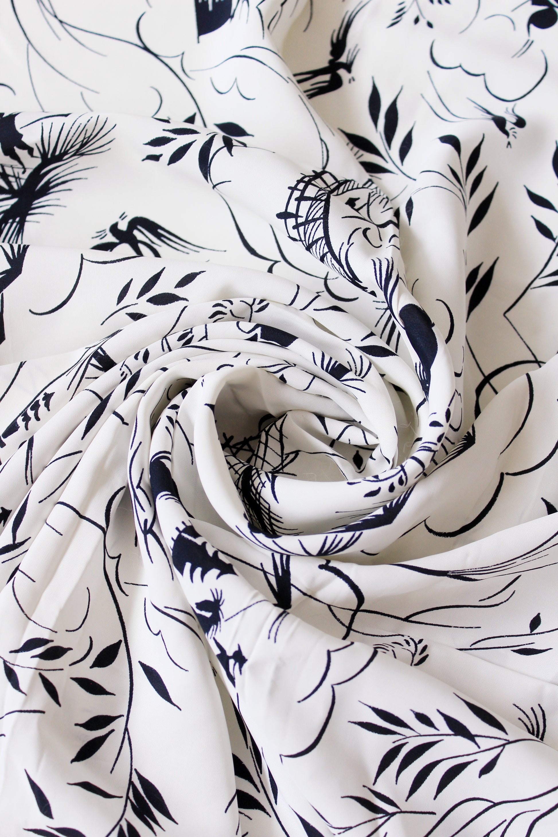 1940s Novelty Black And White Every Day Asian Countryside Print Rayon Sewing Fabric, 3.9 Yards