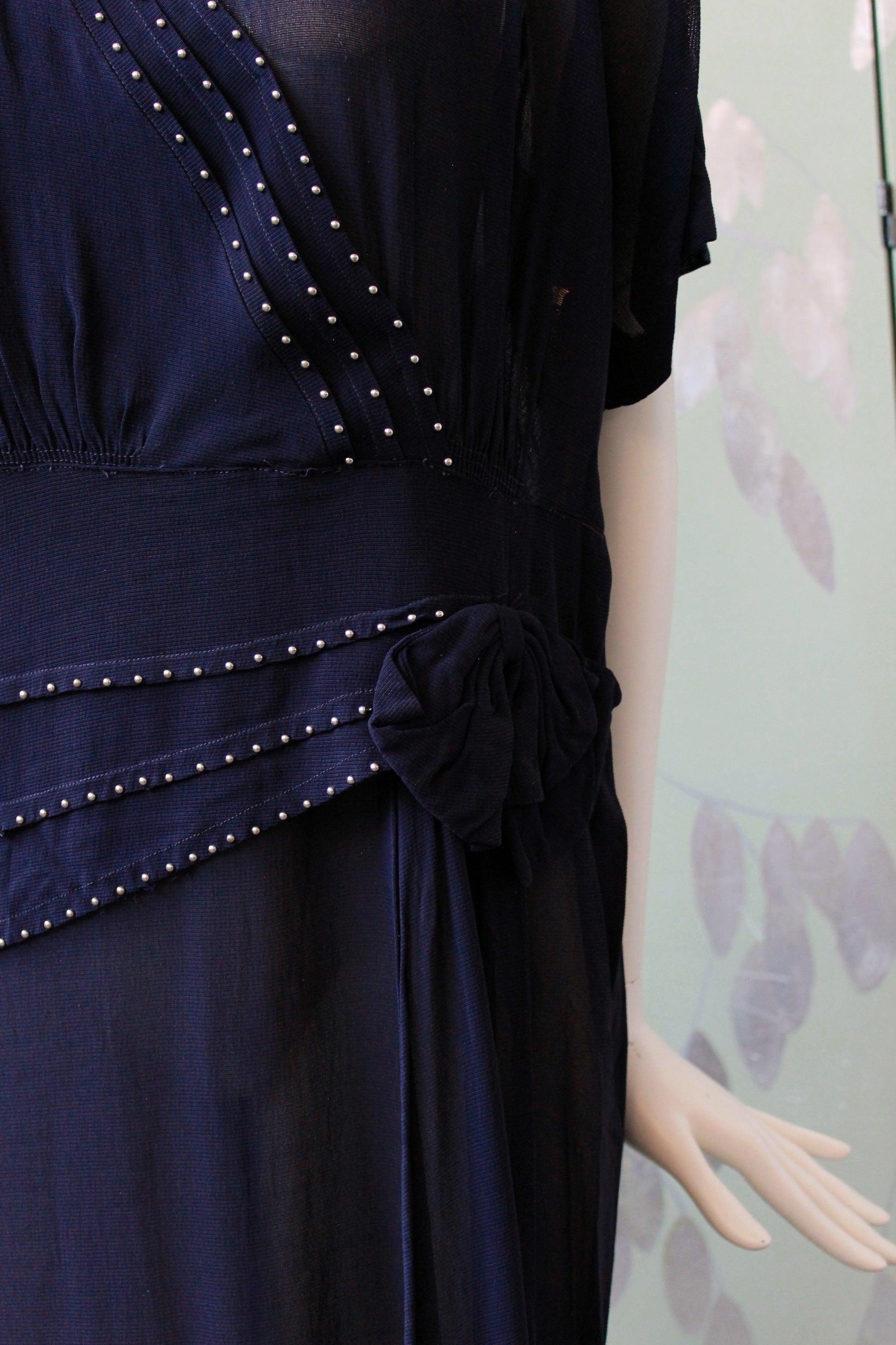 1940s Navy Blue Sheer Net Dress With Bow And Round Studs, Medium