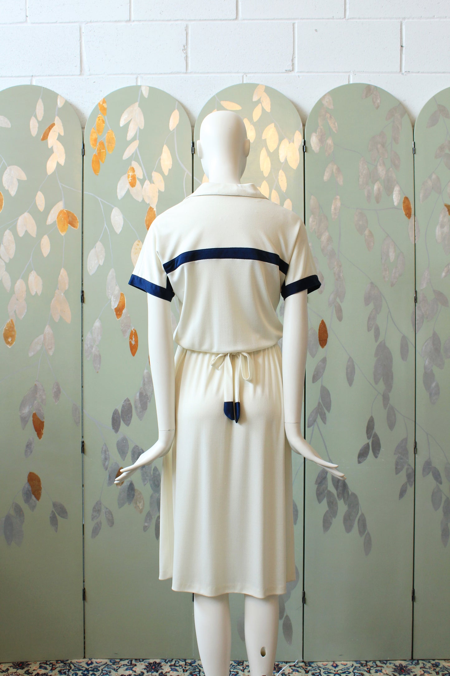 1980s Cream Short Sleeve Nautical Inspired Dress With Elastic Waist, Medium