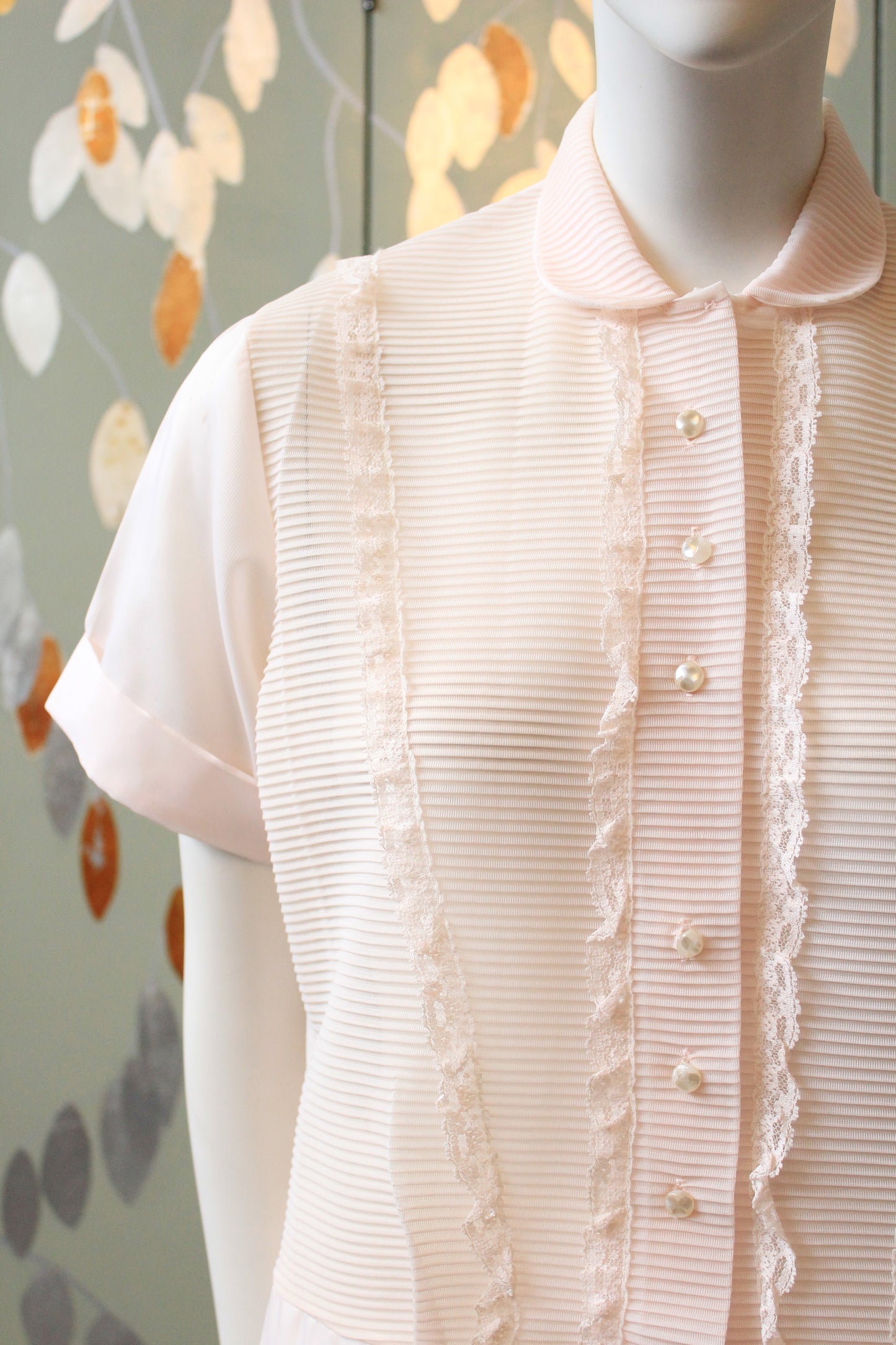Vintage 1950s Light Pink Nylon Short Sleeve Blouse With Pintucks, M